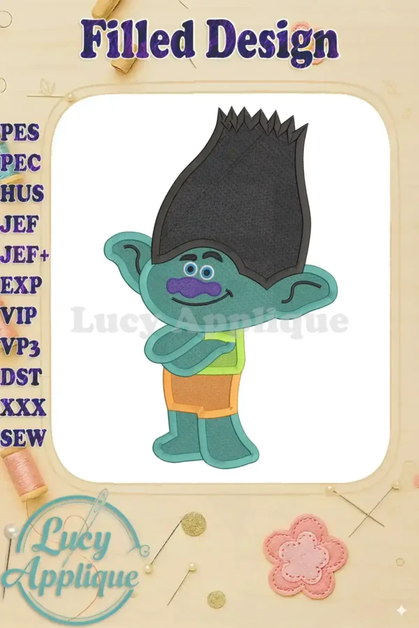 Embroidery design of Branch, a troll character, in teal and orange. Filled stitch style. Perfect for apparel or home decor.