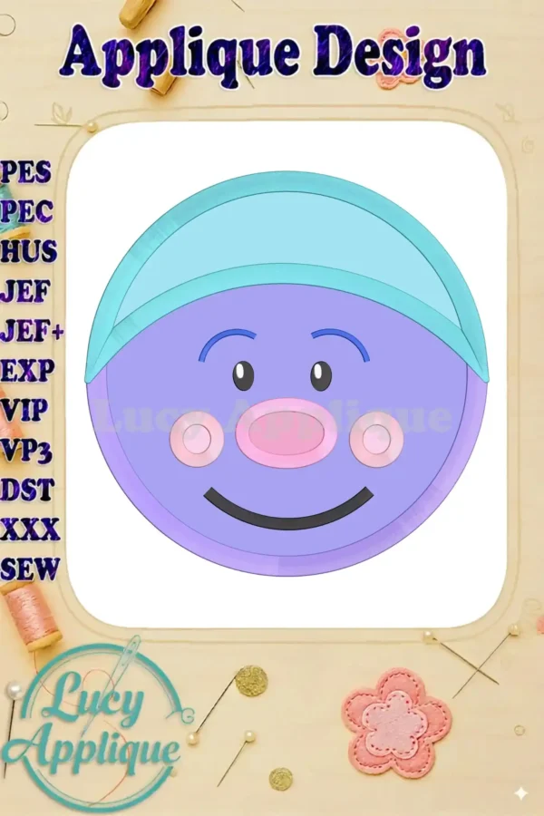 Main image showcasing the Chenille Trolls applique machine embroidery design. It features a cute, smiling troll face with a light blue hat.