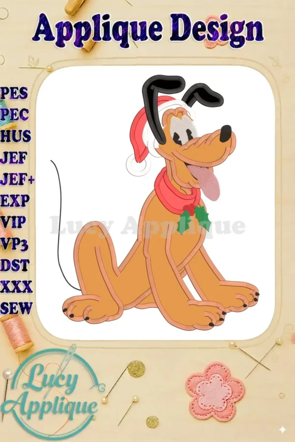 Classic Pluto Christmas applique design. Pluto is wearing a Santa hat and scarf, sitting happily. The design is shown on a light background with embroidery details.