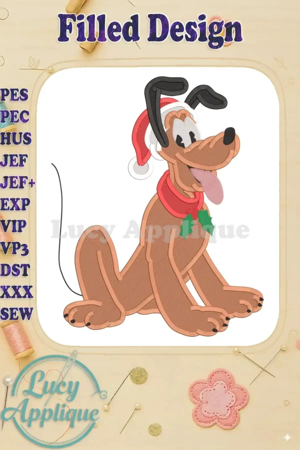 Charming Christmas Pluto embroidery design in filled stitch. Features Pluto in a Santa hat, perfect for holiday projects. Multiple file formats included for various embroidery machines.