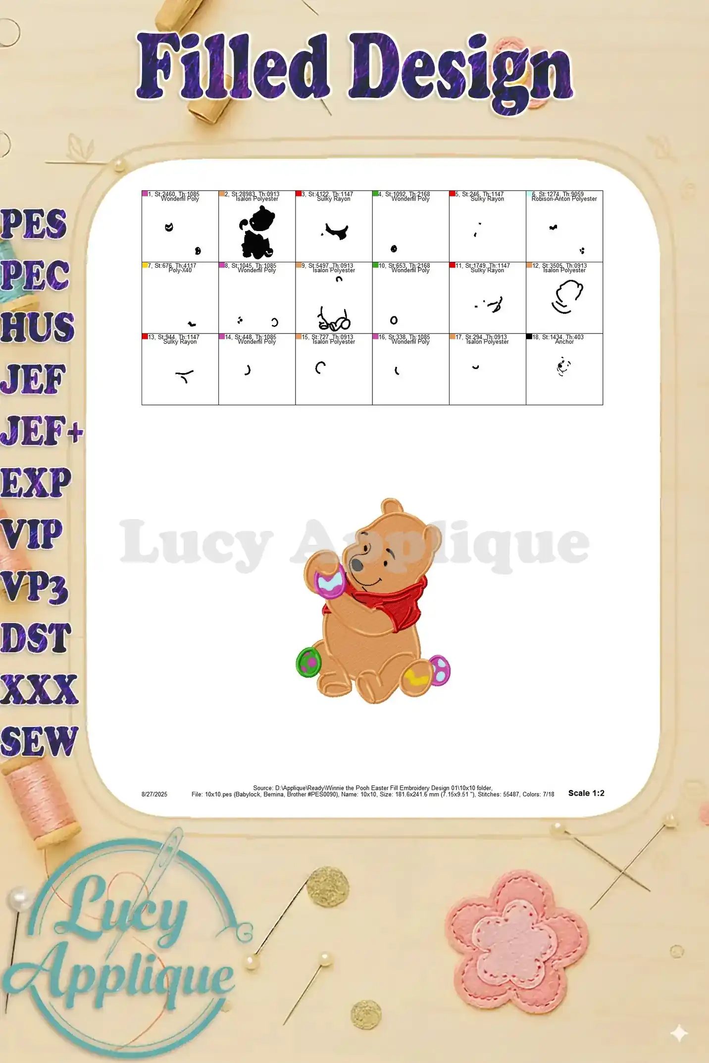 Detailed color chart and placement guide for the Winnie the Pooh Easter embroidery design, showing various thread colors.