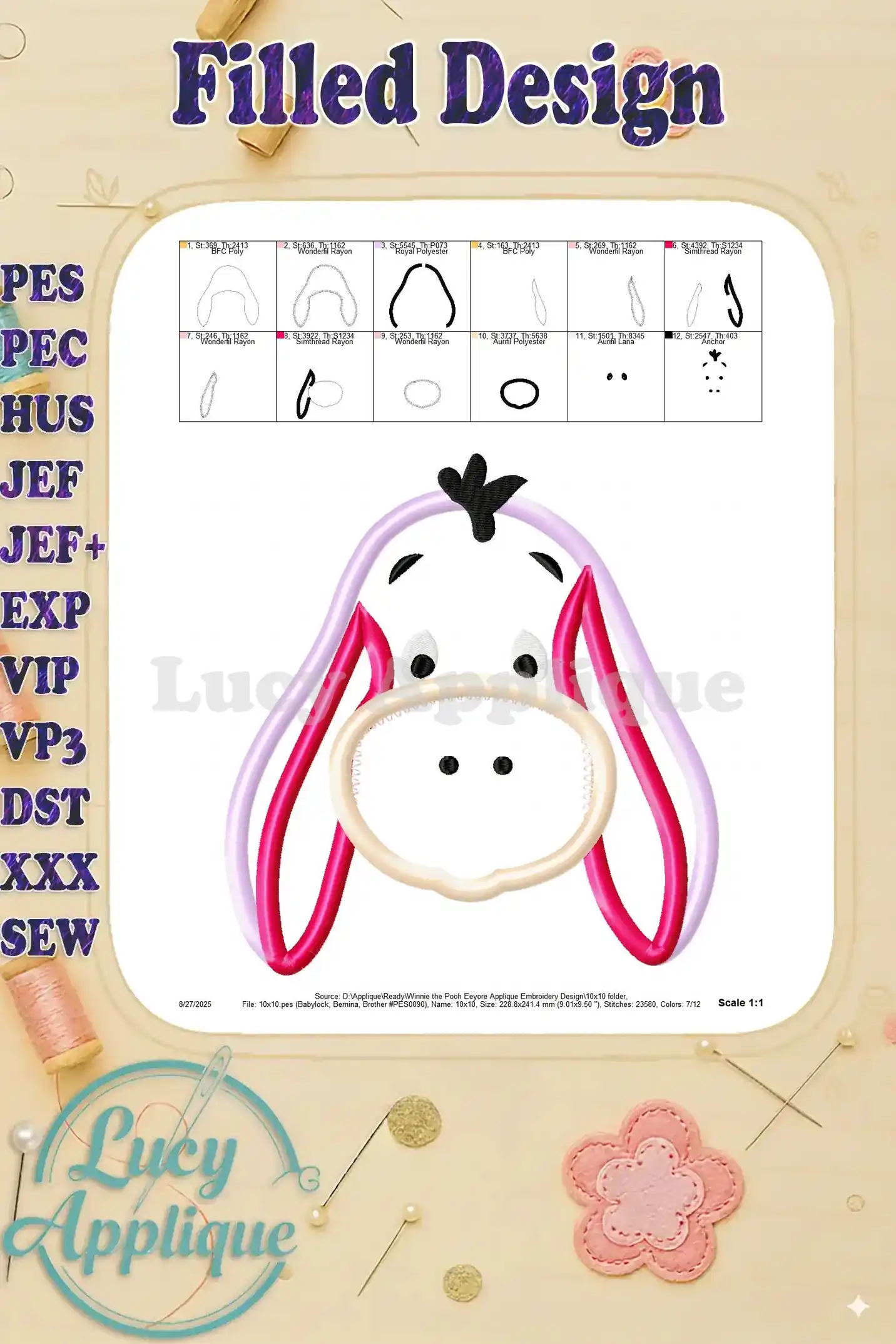 Filled Eeyore design showcasing the completed embroidery, highlighting the filled stitch type and color palette used in the design.