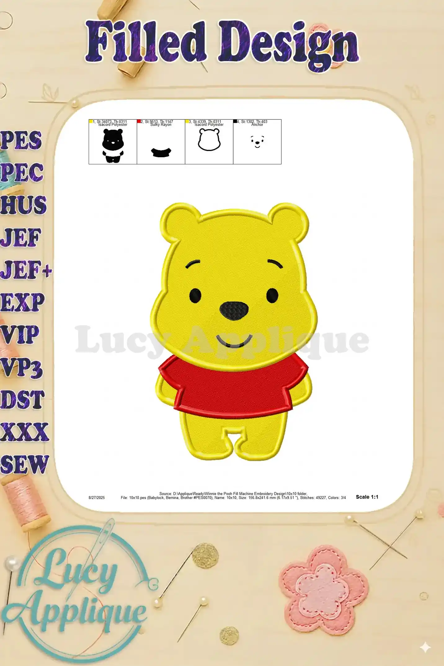 Alternative design views of the Winnie the Pooh filled embroidery design, showing the design from different angles. Includes scale information.