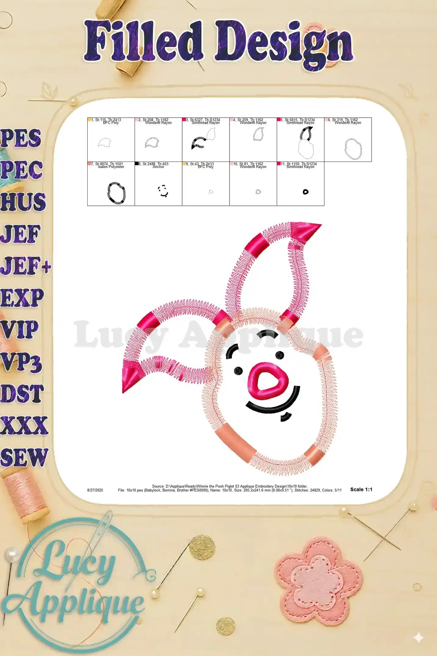 Filled embroidery design of Piglet from Winnie the Pooh. Shows the finished look with pink and peach tones.