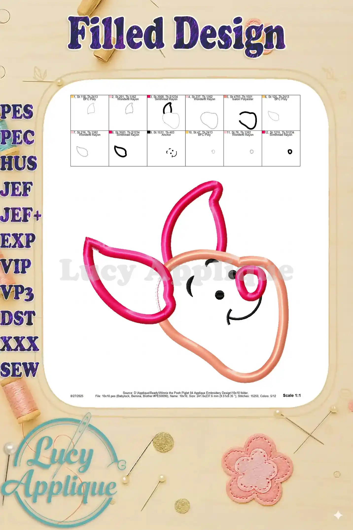 Filled embroidery design of Piglet from Winnie the Pooh, showcasing a filled design style with detailed color representation and stitch information.