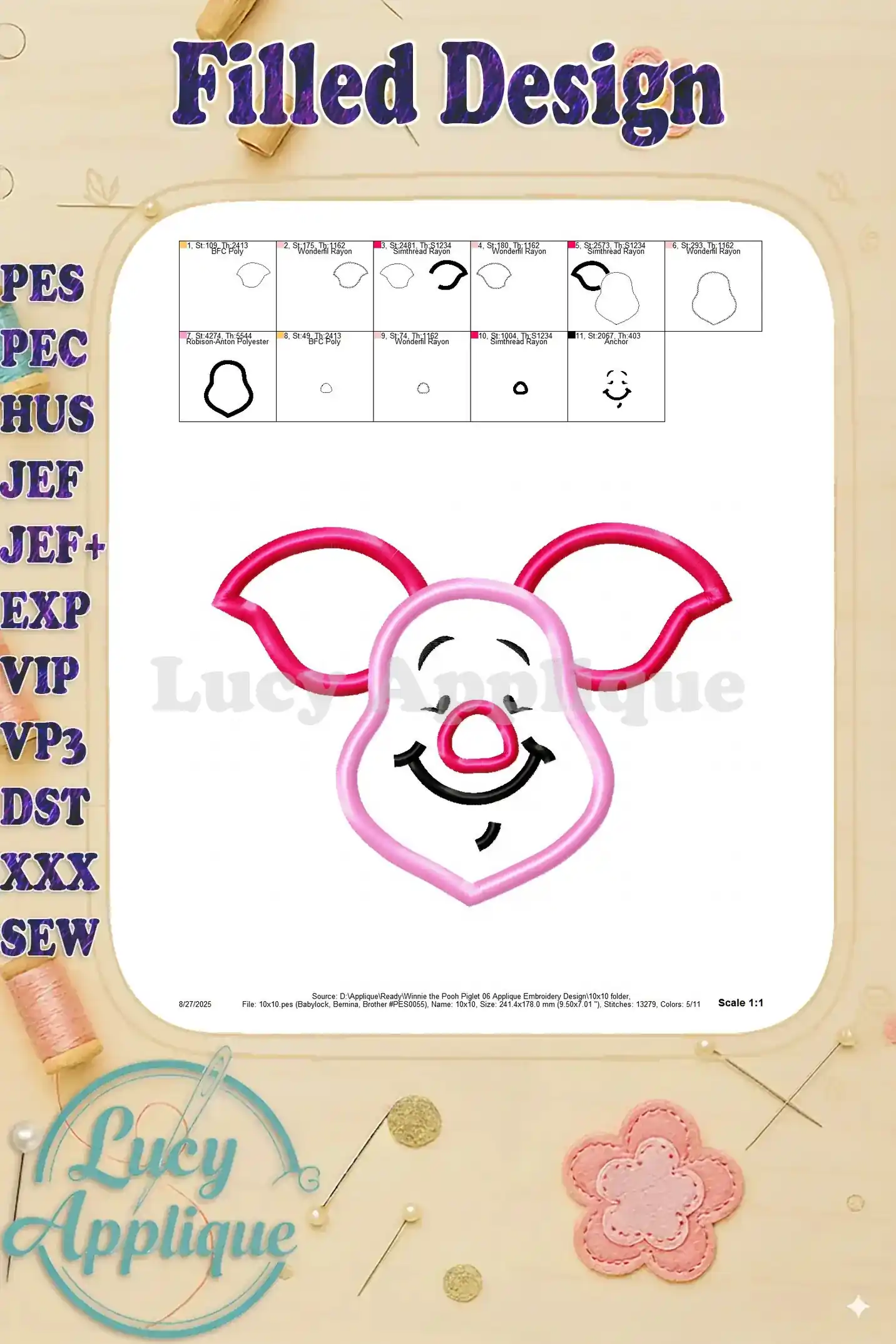 Filled design view of the Piglet applique embroidery. This shows the completed look of the design.