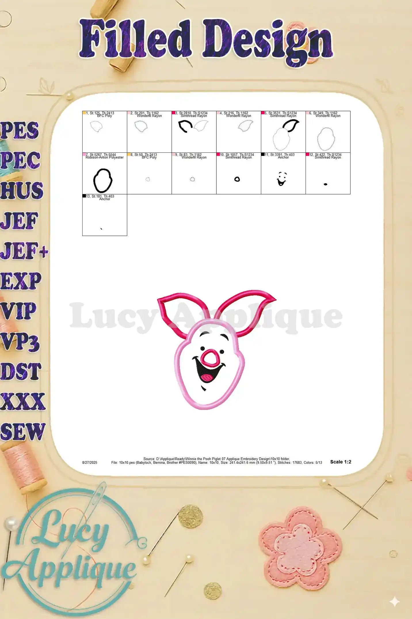 Filled design of Piglet from Winnie the Pooh, showcasing the completed embroidery. It provides a detailed view of the final product.