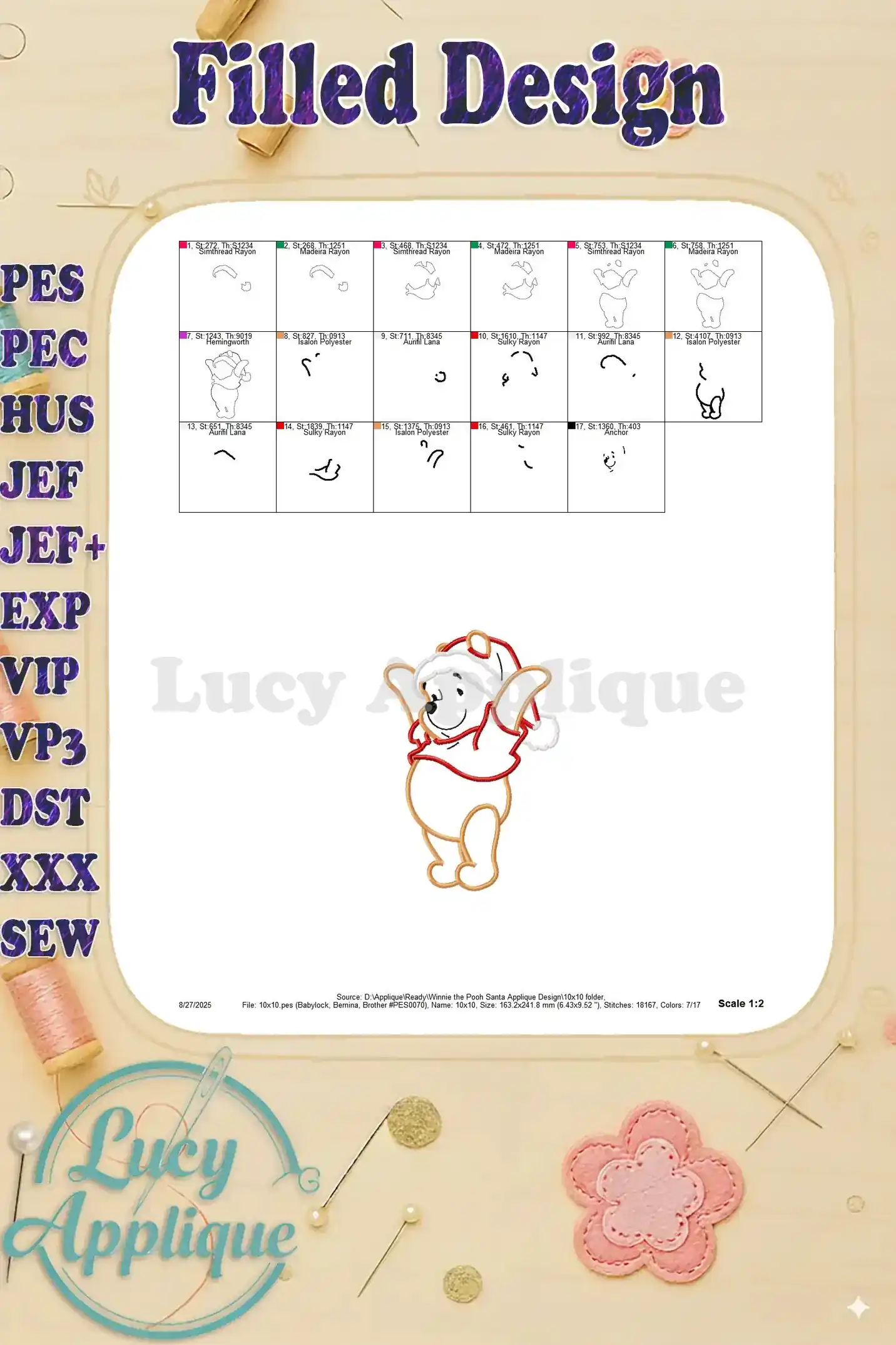 Filled design image for the Winnie the Pooh Santa applique, showing the completed design in different color variations.