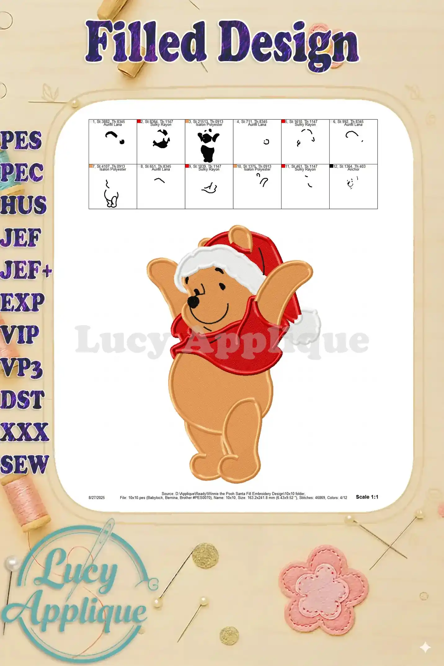 Detailed instruction sheet showing the placement of each color in the embroidery design. It includes a visual reference of the design.