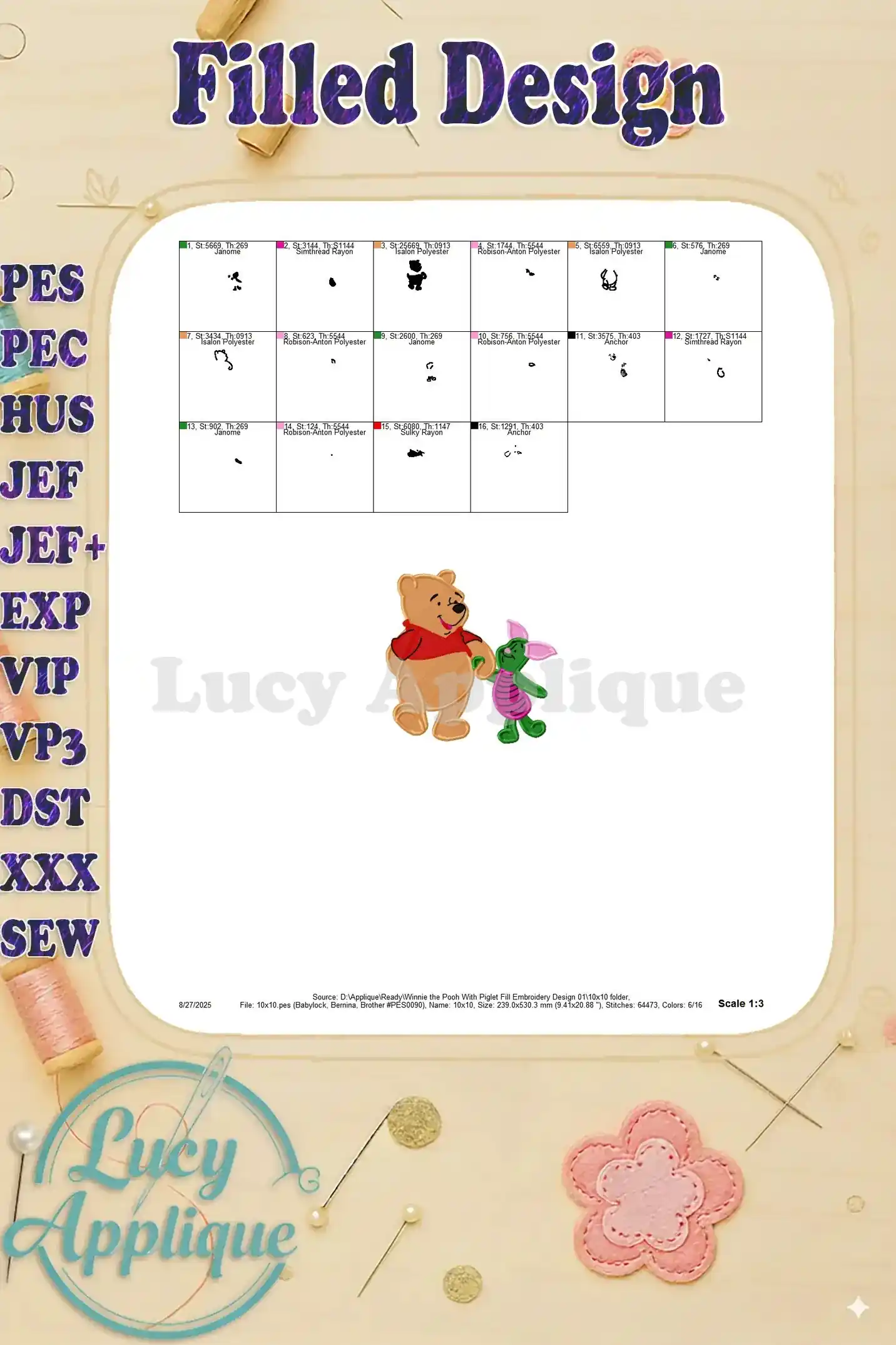 Embroidery design color chart and thread information for Winnie the Pooh and Piglet design. Shows thread types and numbers.