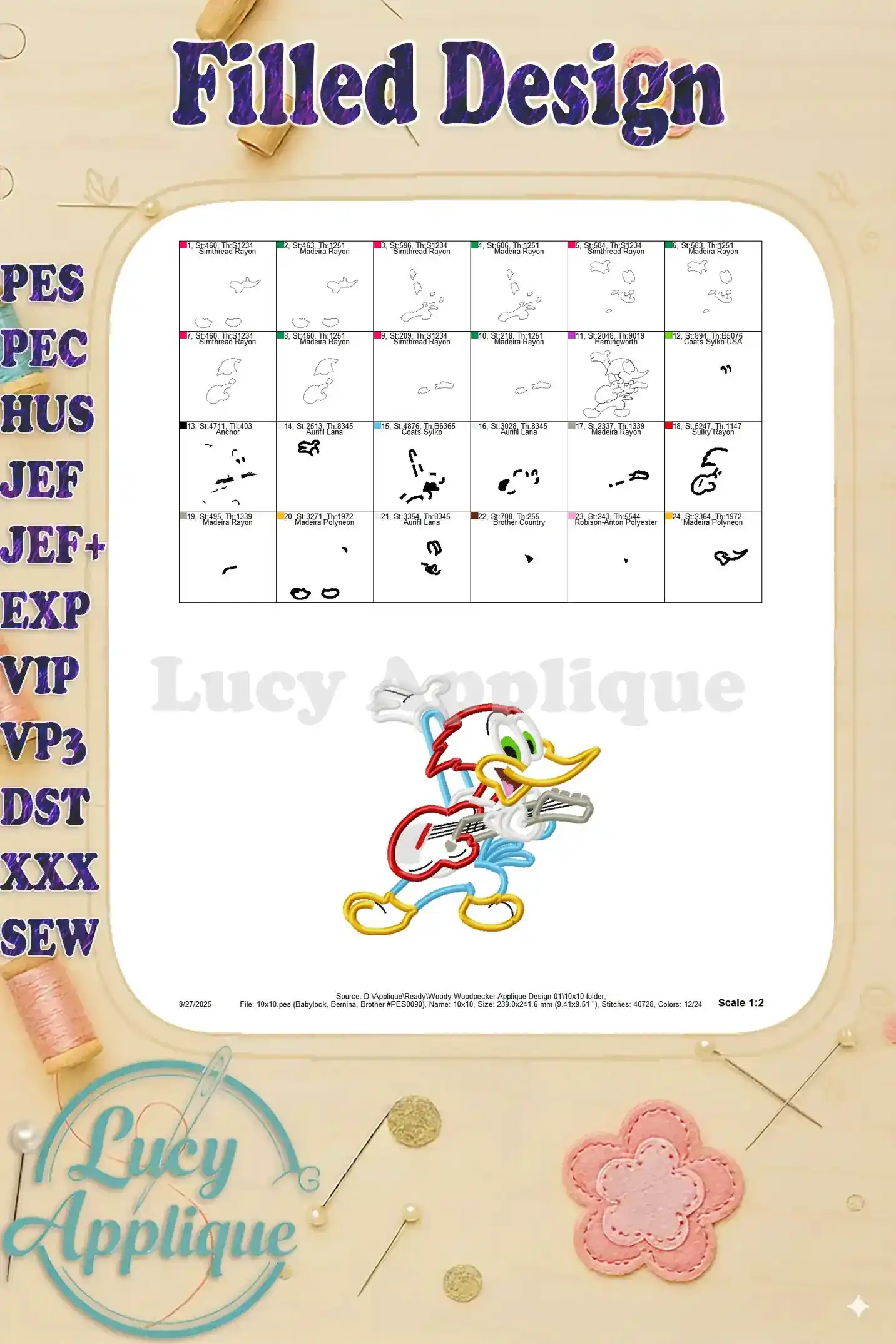 Filled design showing the completed Woody Woodpecker applique, with detailed information on needle and thread consumption for your convenience.