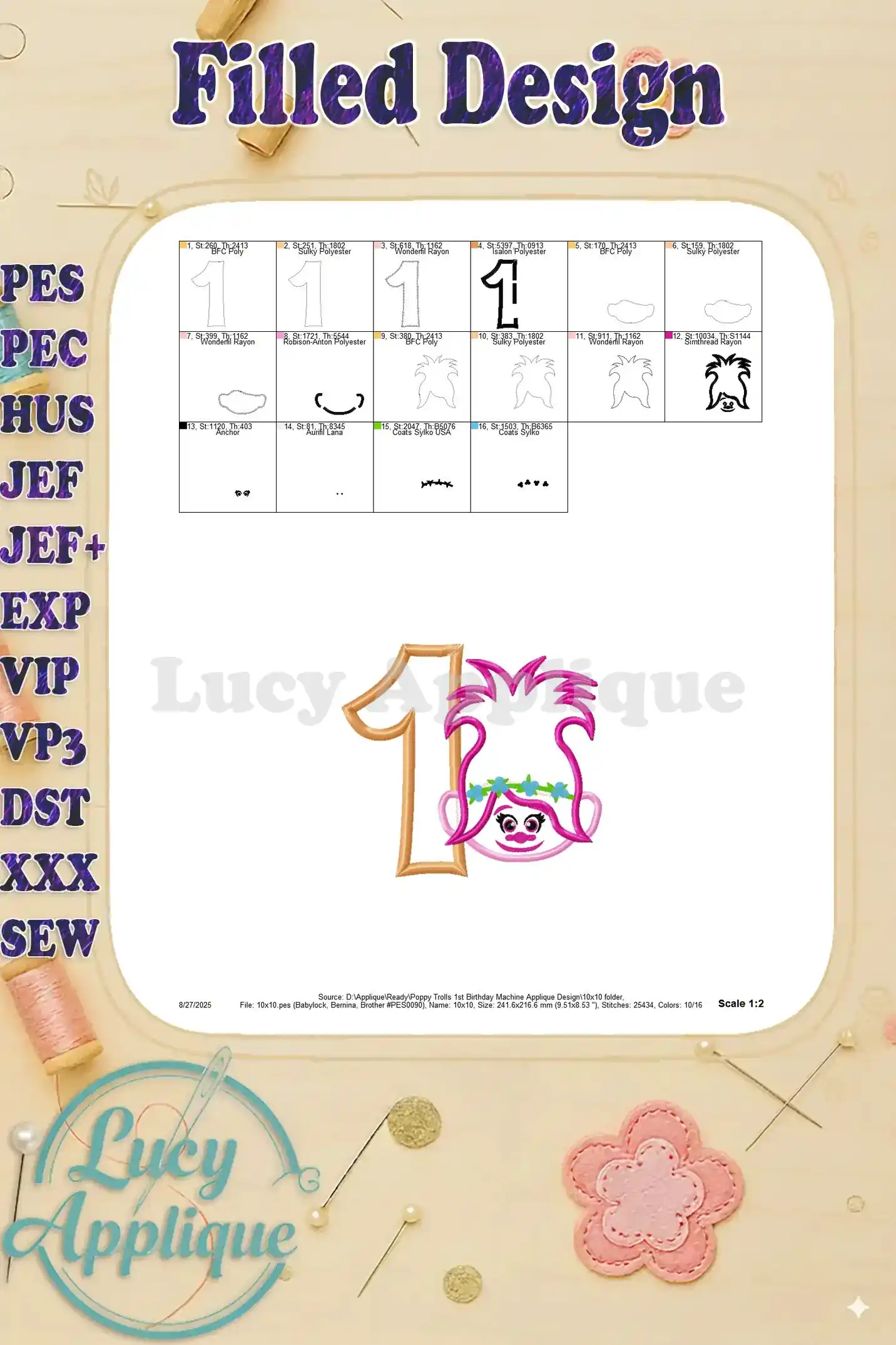 Filled design showing the final look of the Poppy Troll 1st birthday applique, with different color variations. A detailed scale is provided.