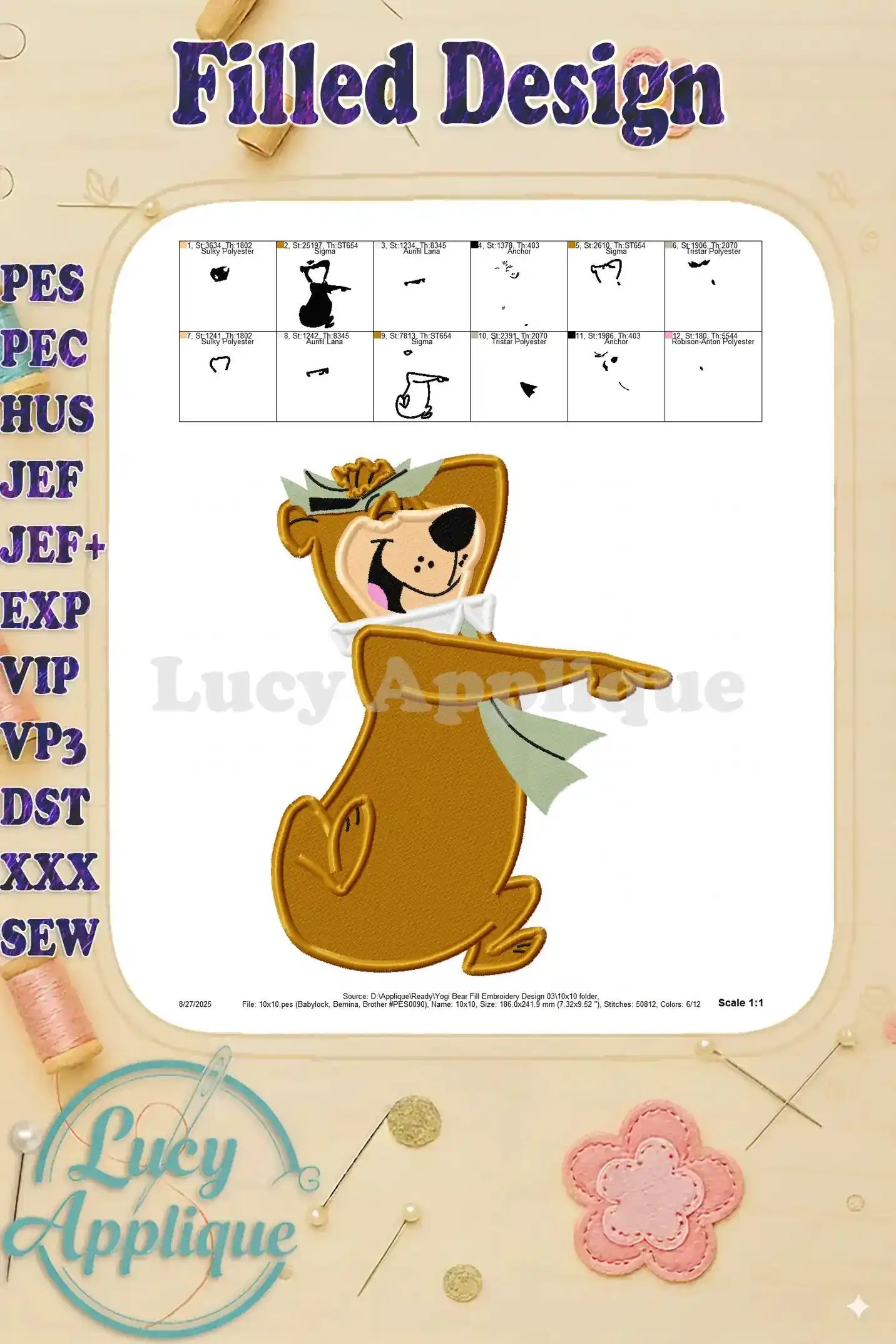 Detailed scale image of the completed Yogi Bear filled embroidery design, showcasing thread colors and the final product.