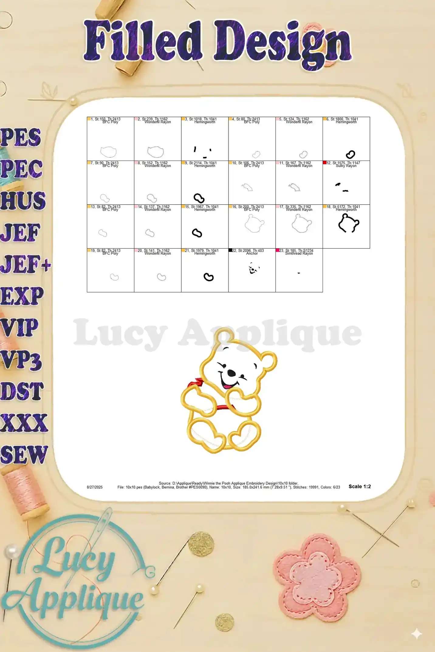 Winnie the Pooh filled embroidery design showing thread colors and arrangement for stitching.