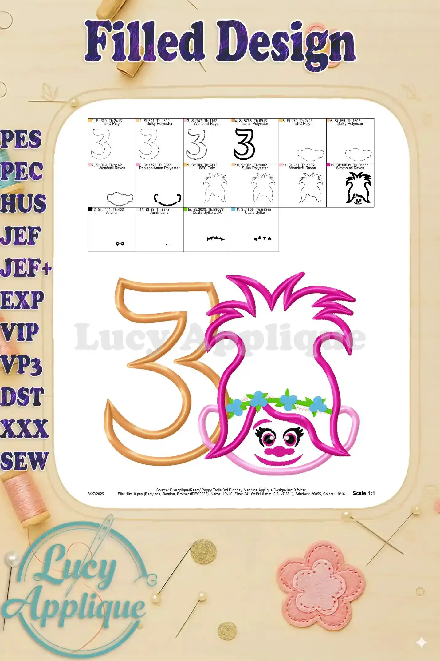 Filled design image of the Poppy Trolls 3rd birthday applique, showing the completed design with all the elements stitched together.