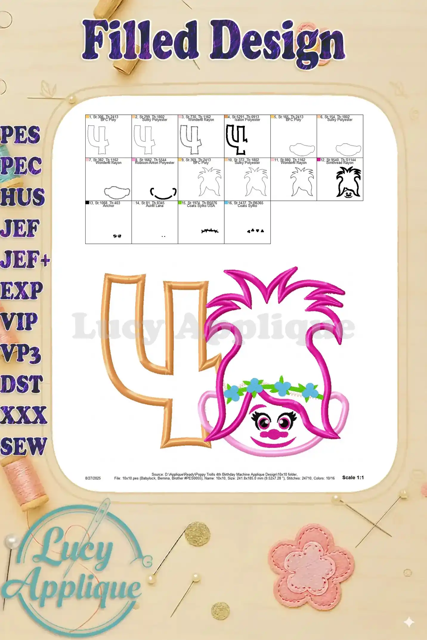 Filled design image of the Poppy Trolls 4th birthday applique, showing the completed embroidery design.