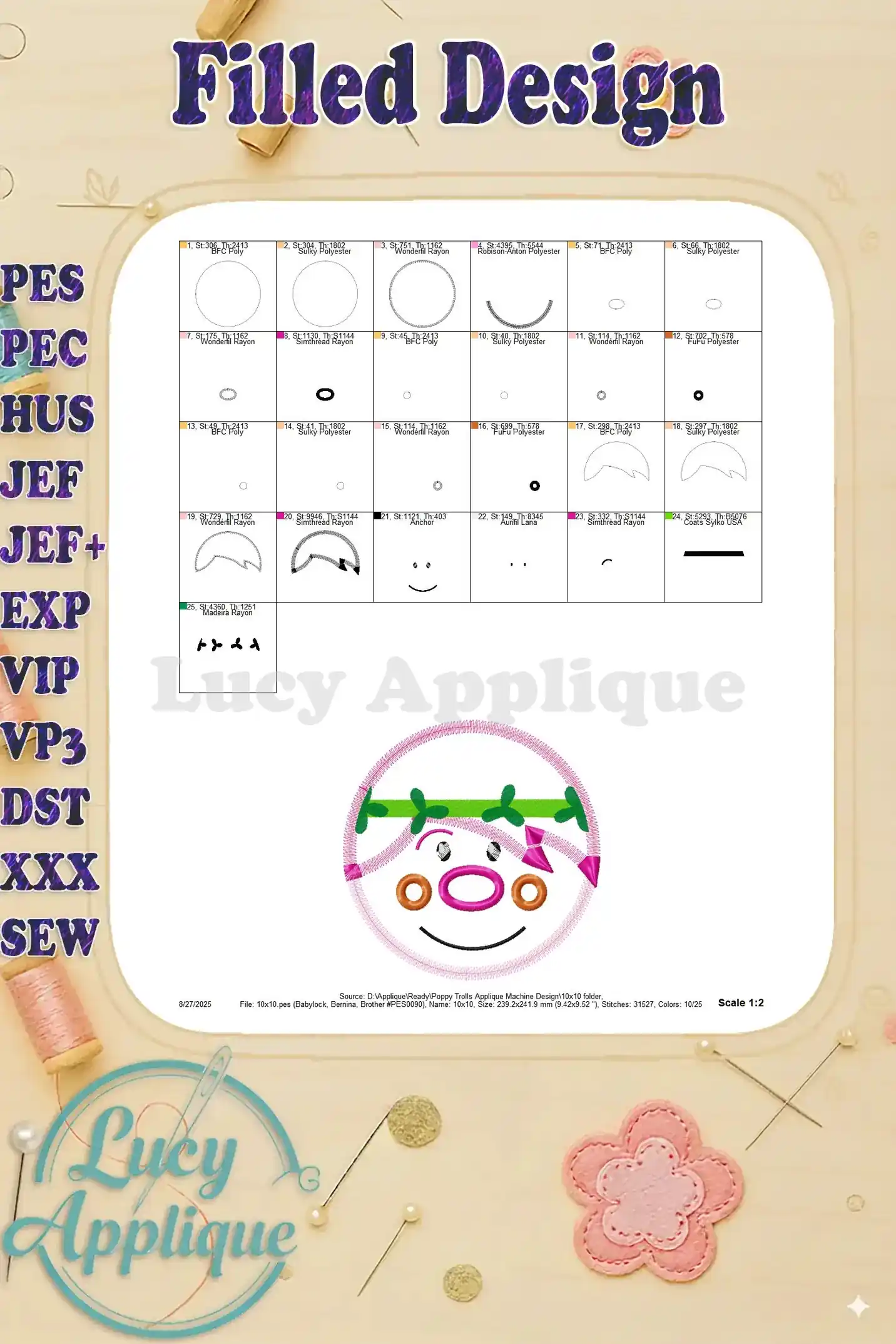 Filled design chart for the Poppy Troll applique, showing individual sections and thread colors for a completed design. Scale is 1:2.