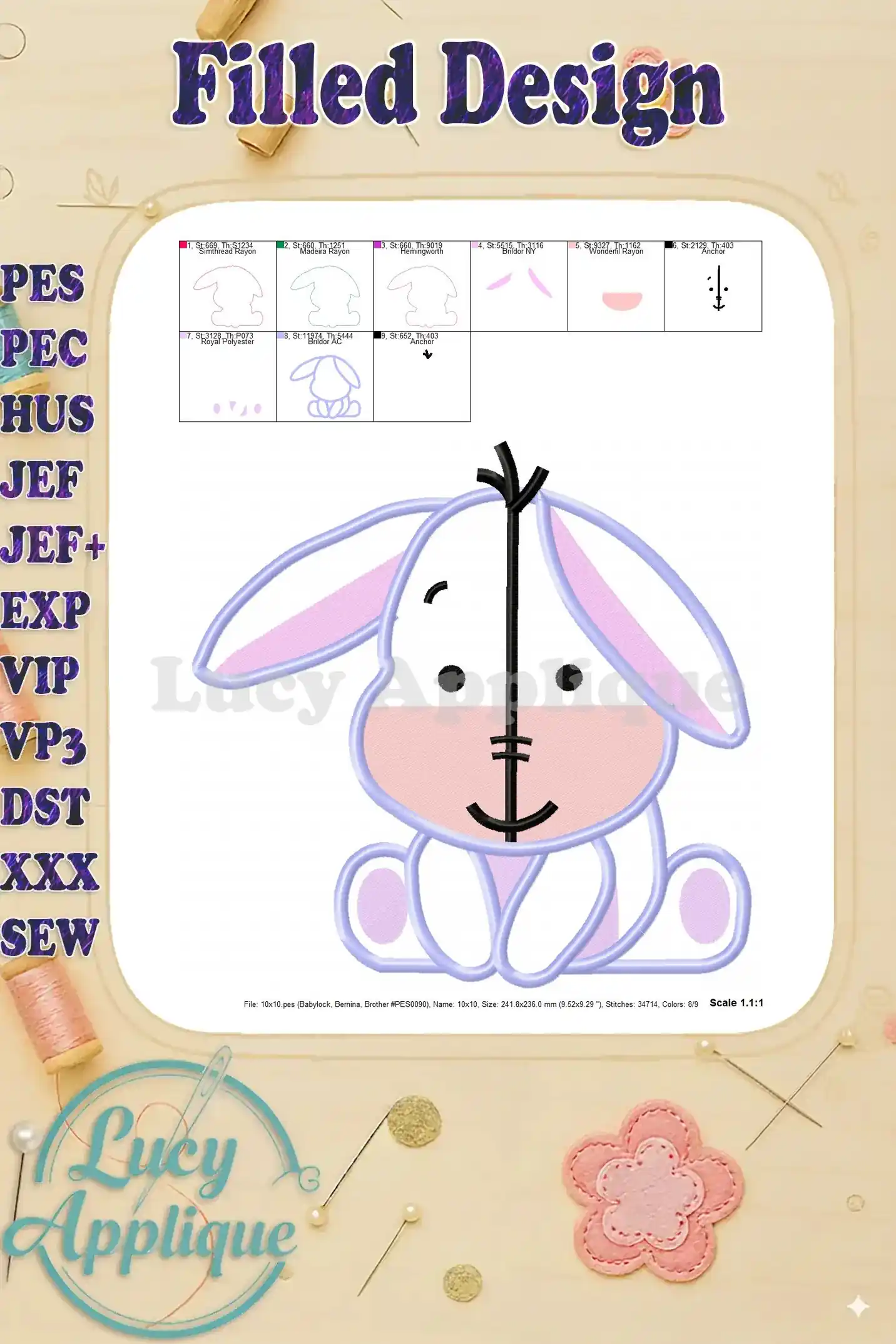 Filled design of the Baby Eeyore applique in a light purple and pink color scheme, with BERNINA and Brother machine file information.