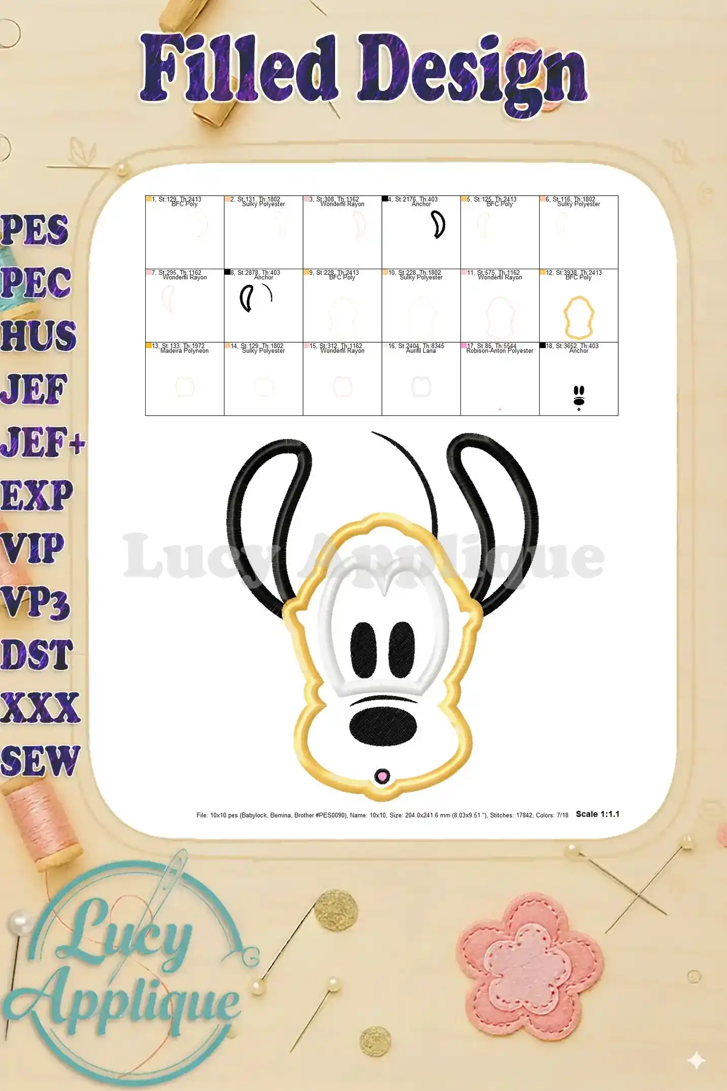 Filled embroidery design of Pluto, showing a completed design with different stitch types and thread colors.