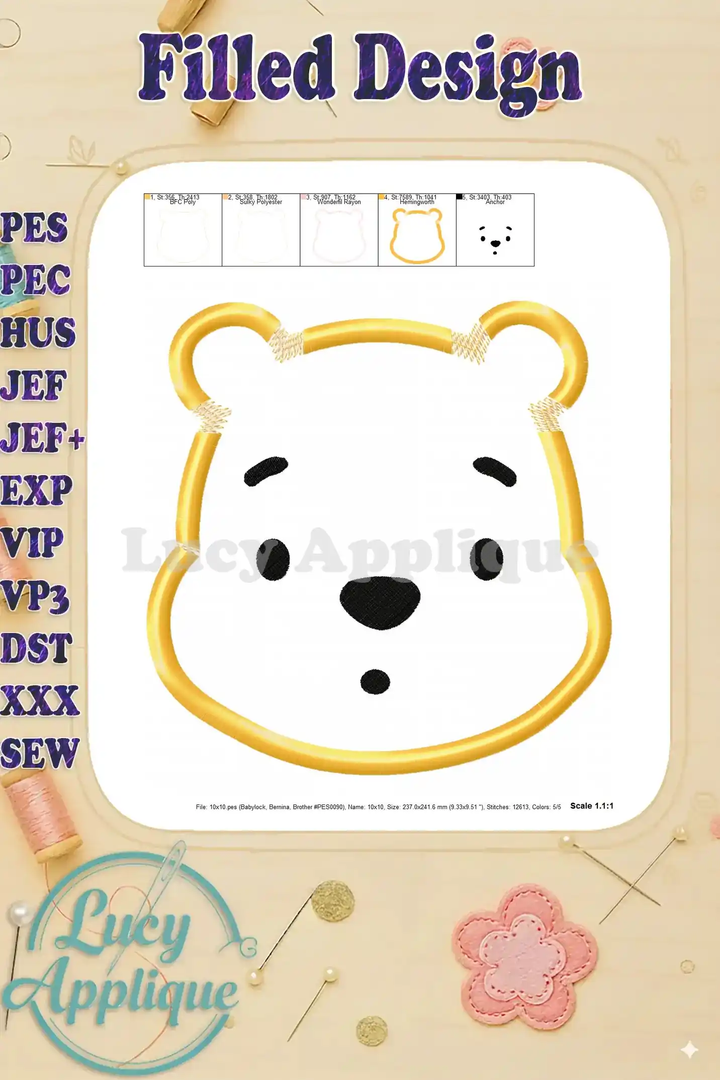 Filled embroidery design of Winnie the Pooh's face. Shows a completed design with soft, filled stitches for a cuddly look.