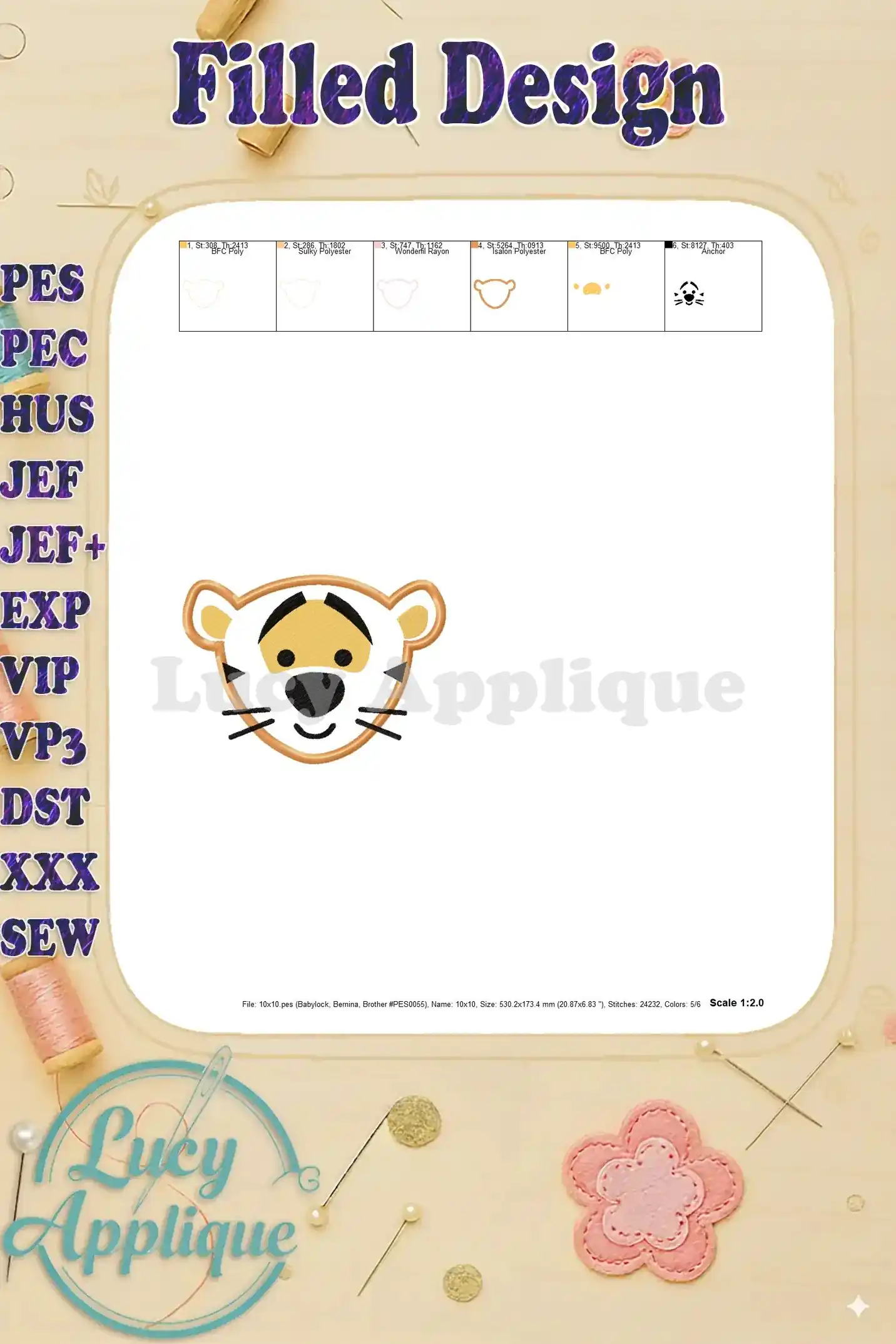 Filled design image of Tigger's face from Disney's Winnie the Pooh, showcasing the completed embroidery.