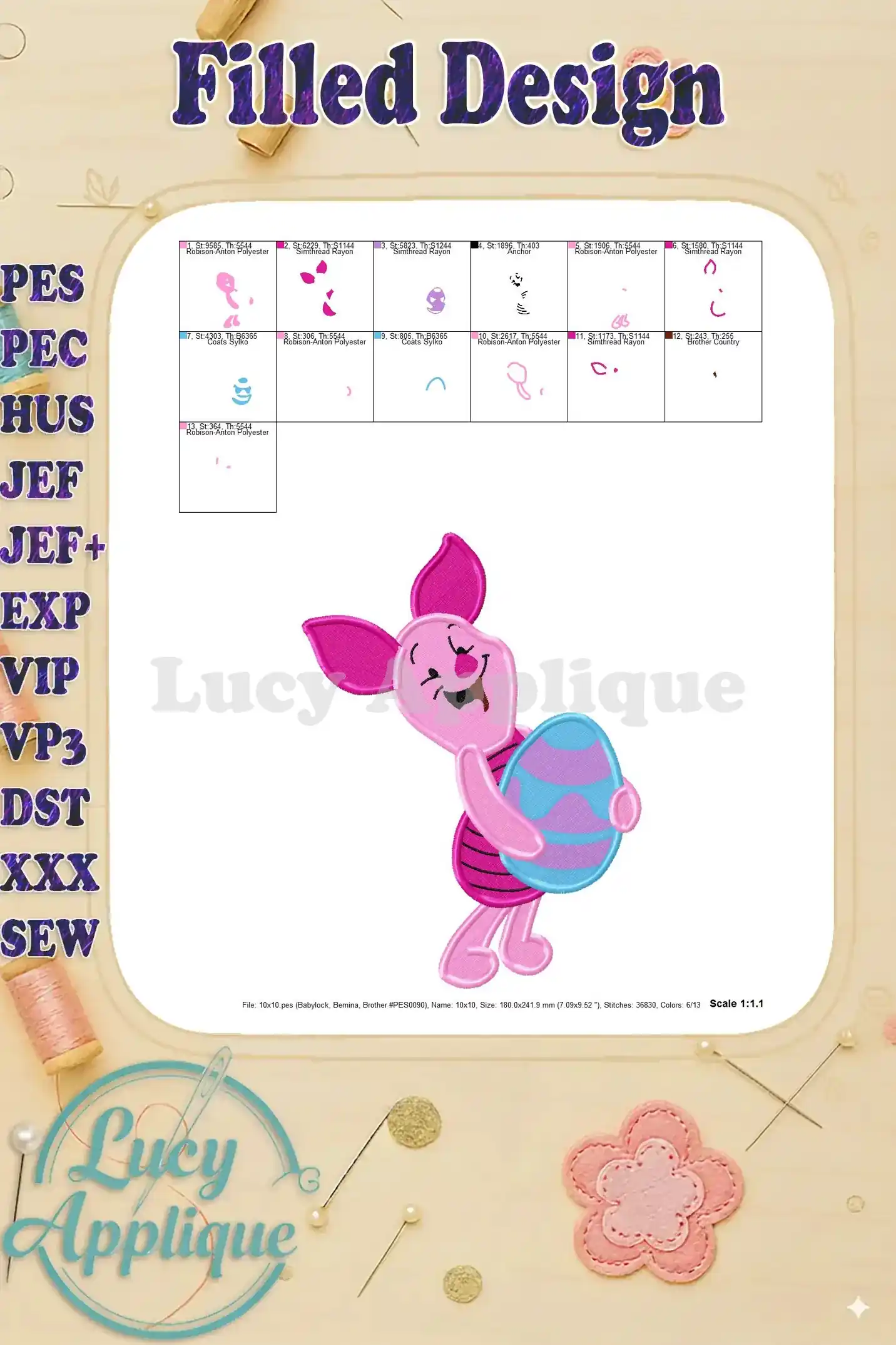 Detailed image showing the Easter Piglet embroidery design with thread details and scale. Provides clear view of finished product.