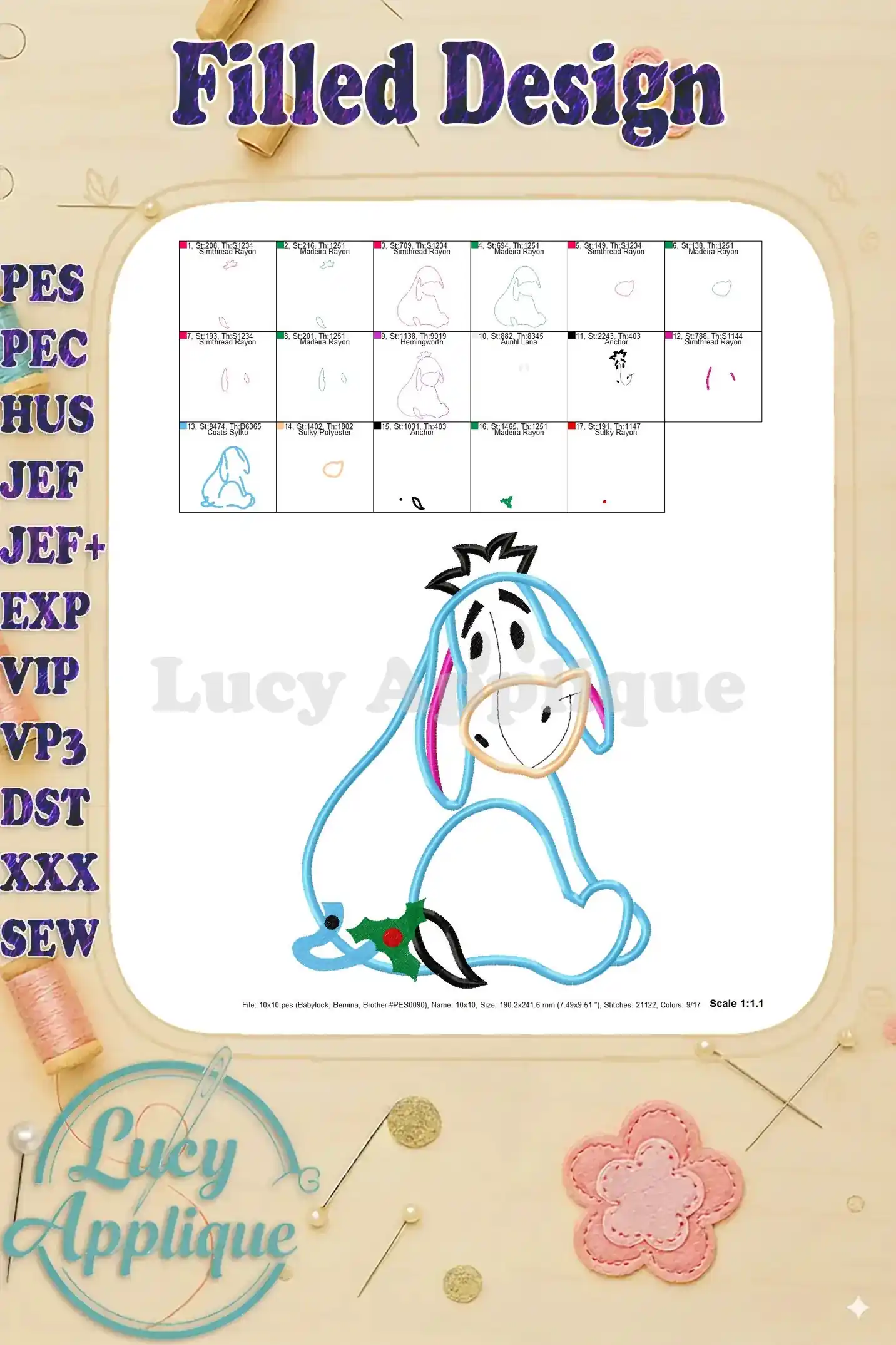 Filled design image for Eeyore applique embroidery, showcasing the complete design with color variations and thread details.