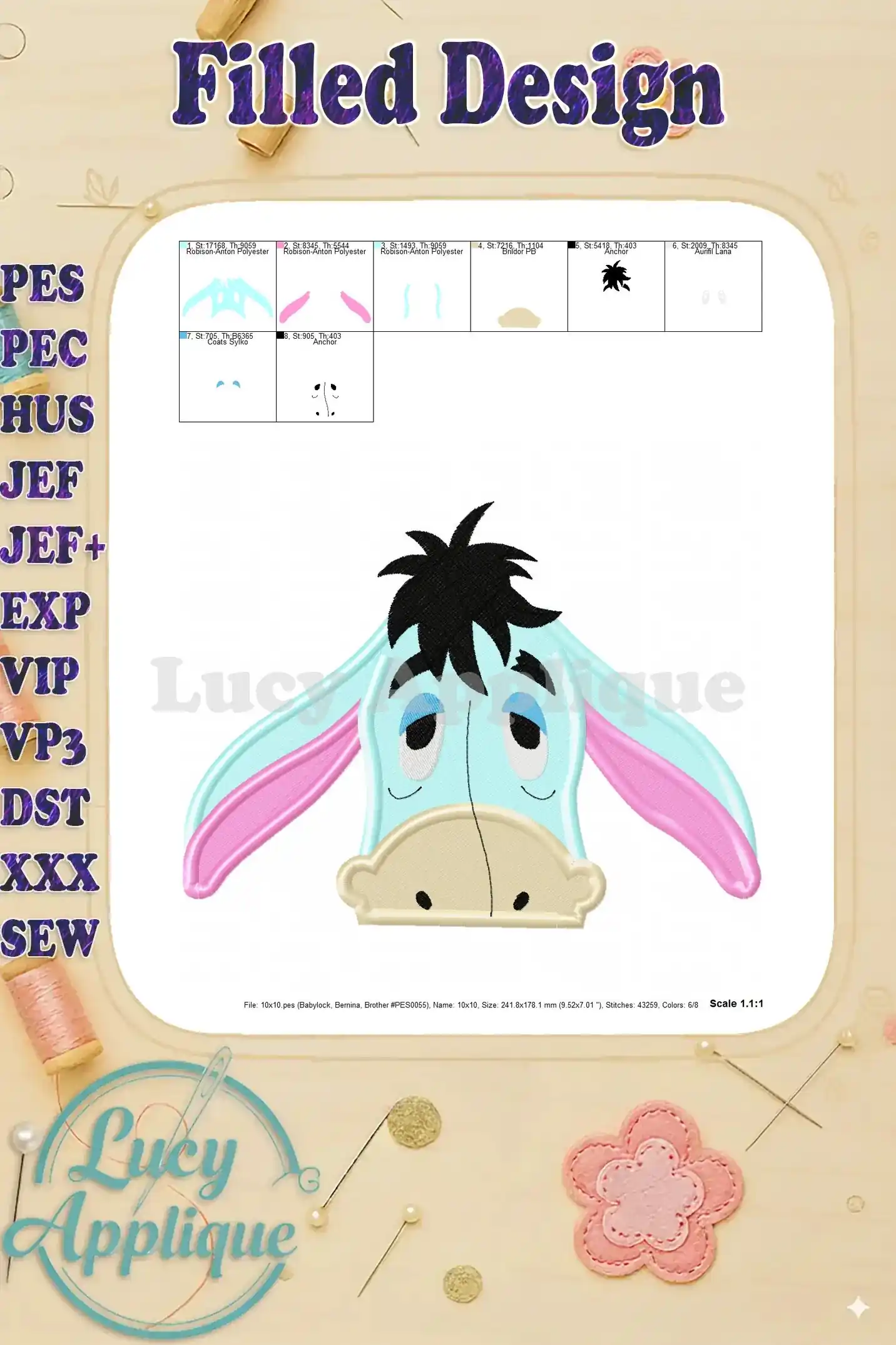 Detailed view of Eeyore embroidery design with thread color codes and placement guide for accurate and easy embroidery.