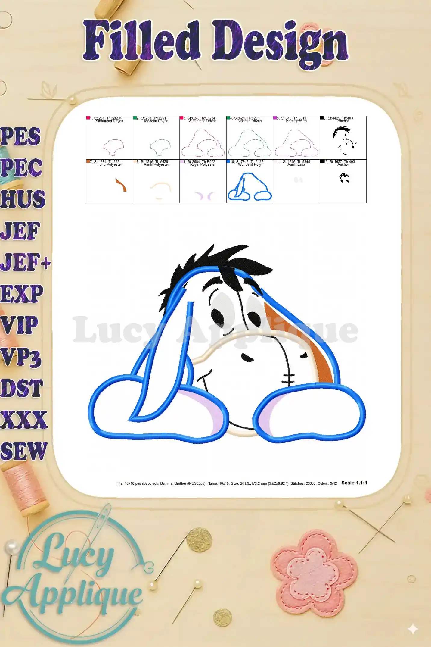 Filled Eeyore design, showing the completed embroidered applique, detailed information about the design's size and stitch count.