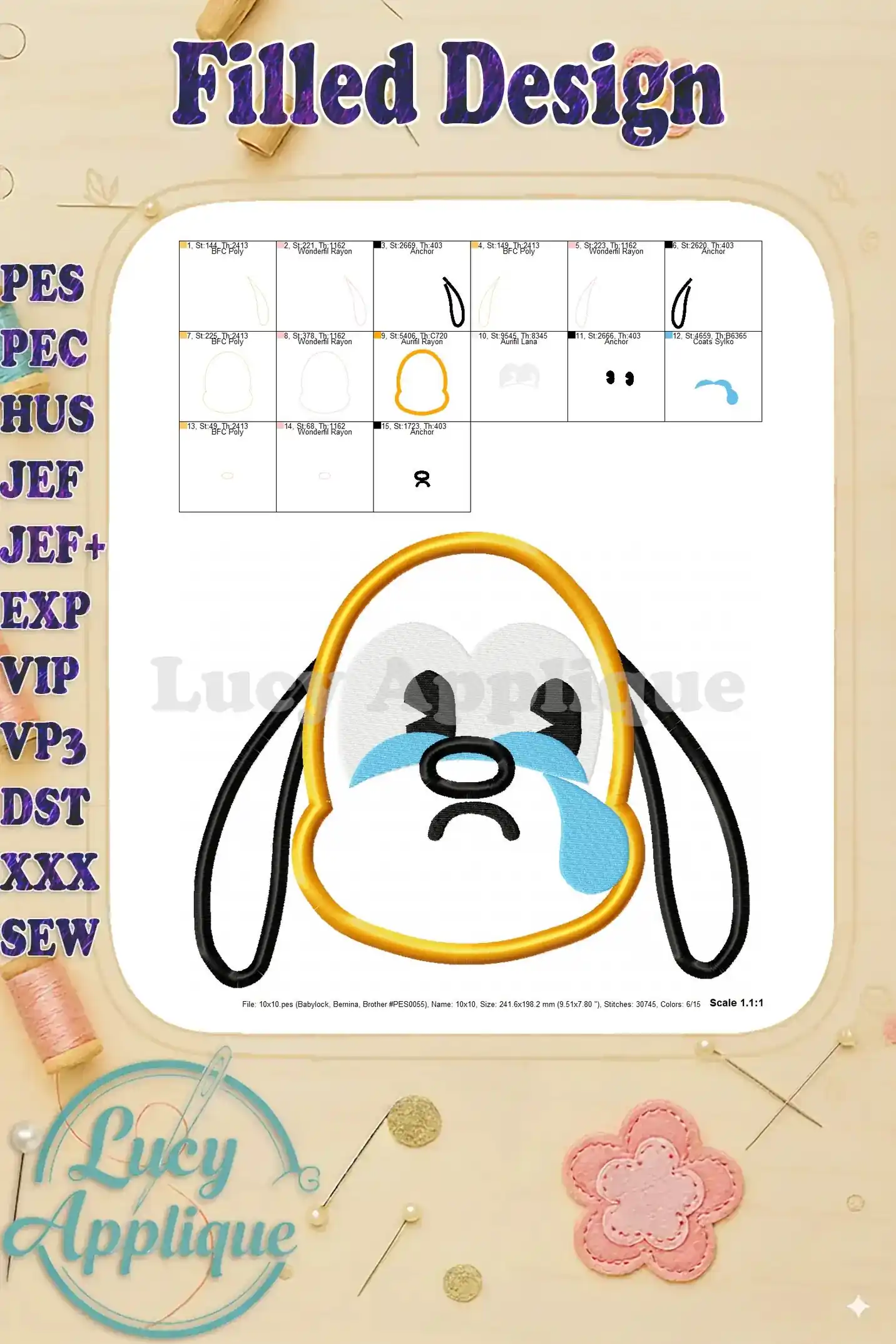 Filled design of a crying Pluto, showing the completed design with all the threads in place. The design is ready to be stitched.