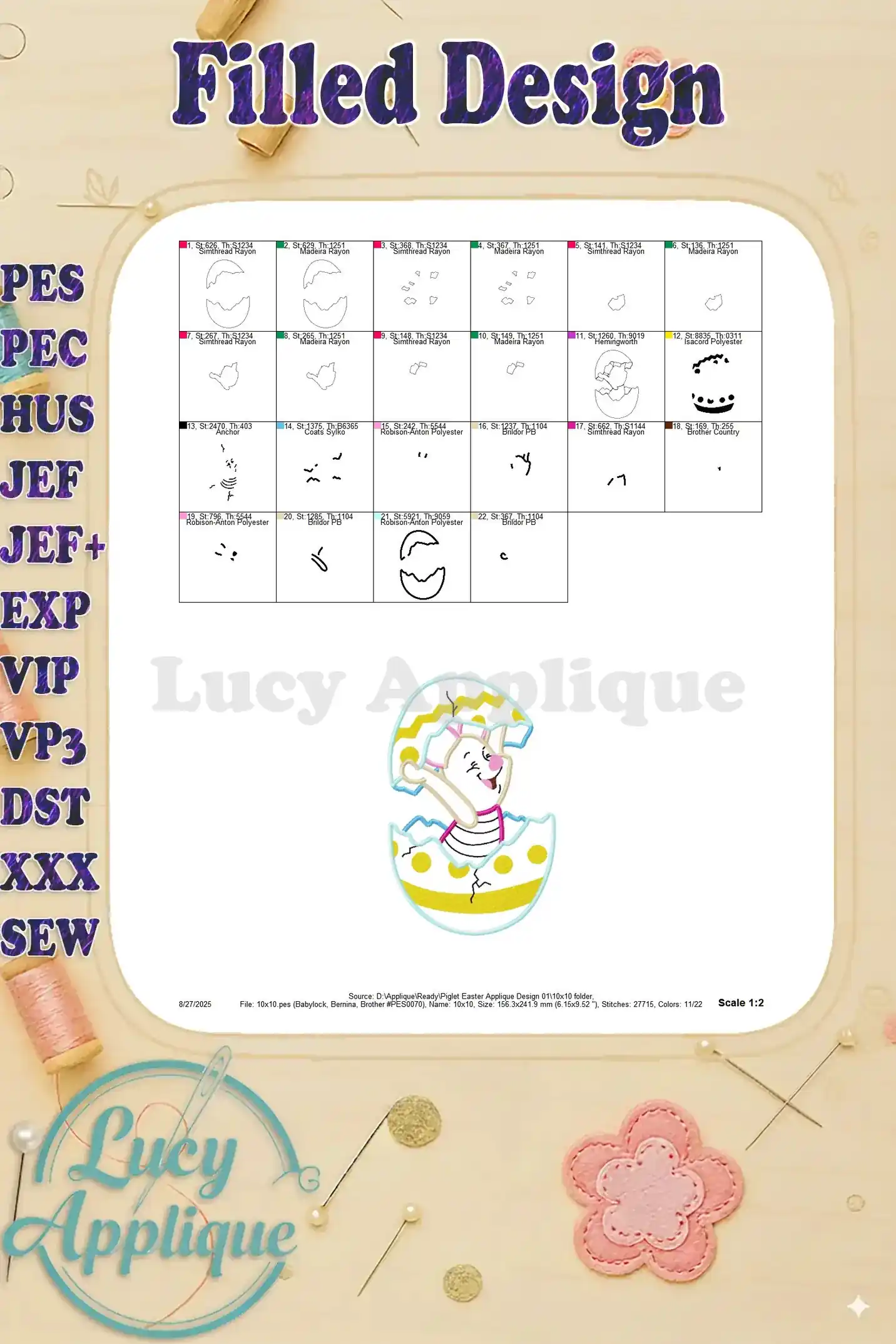 Filled design section showing the completed Piglet Easter applique in various color combinations, with a scale guide for accurate sizing.