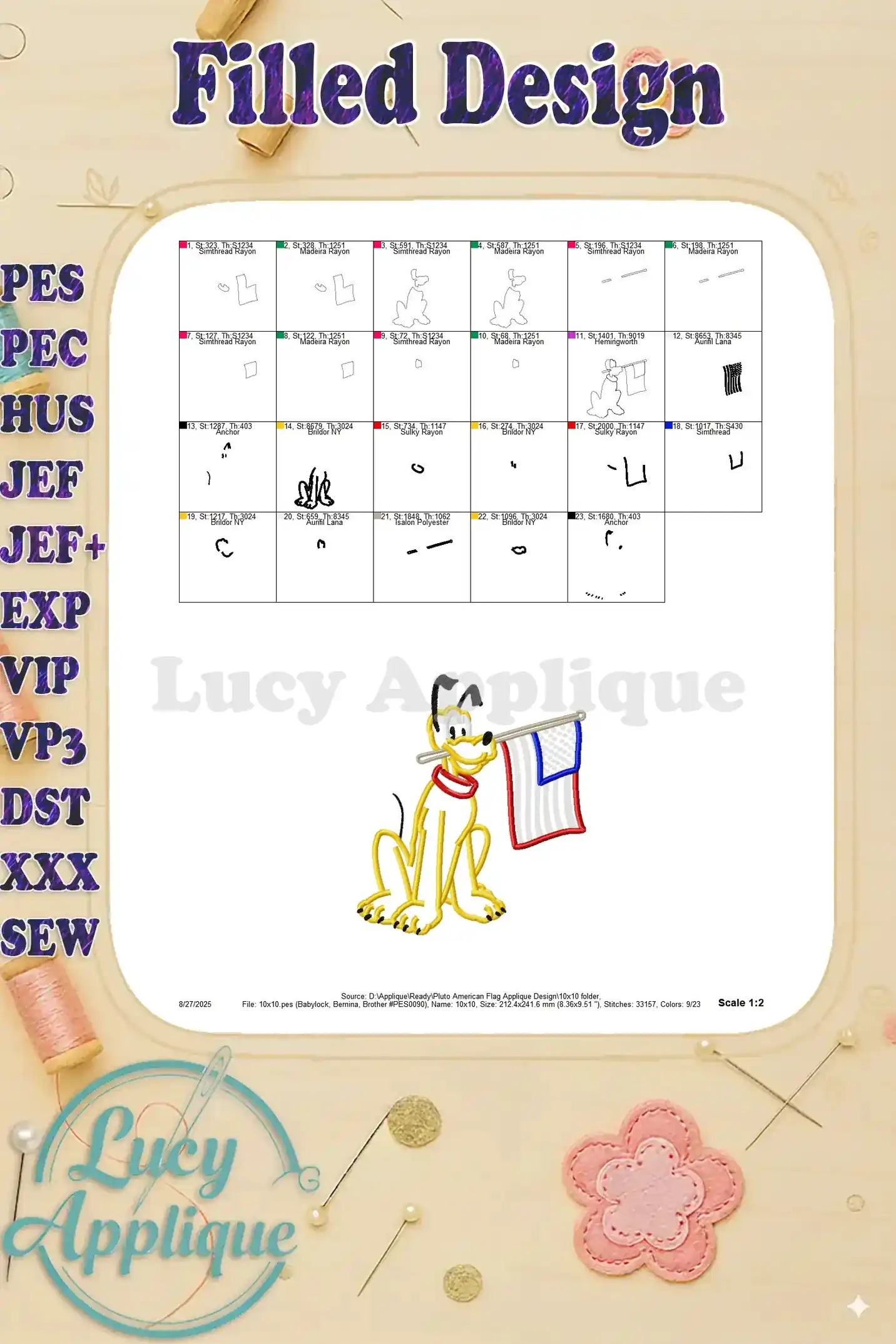 Filled Design: Detailed view of the completed Pluto and American flag applique embroidery design, showcasing the color palette and stitching details.