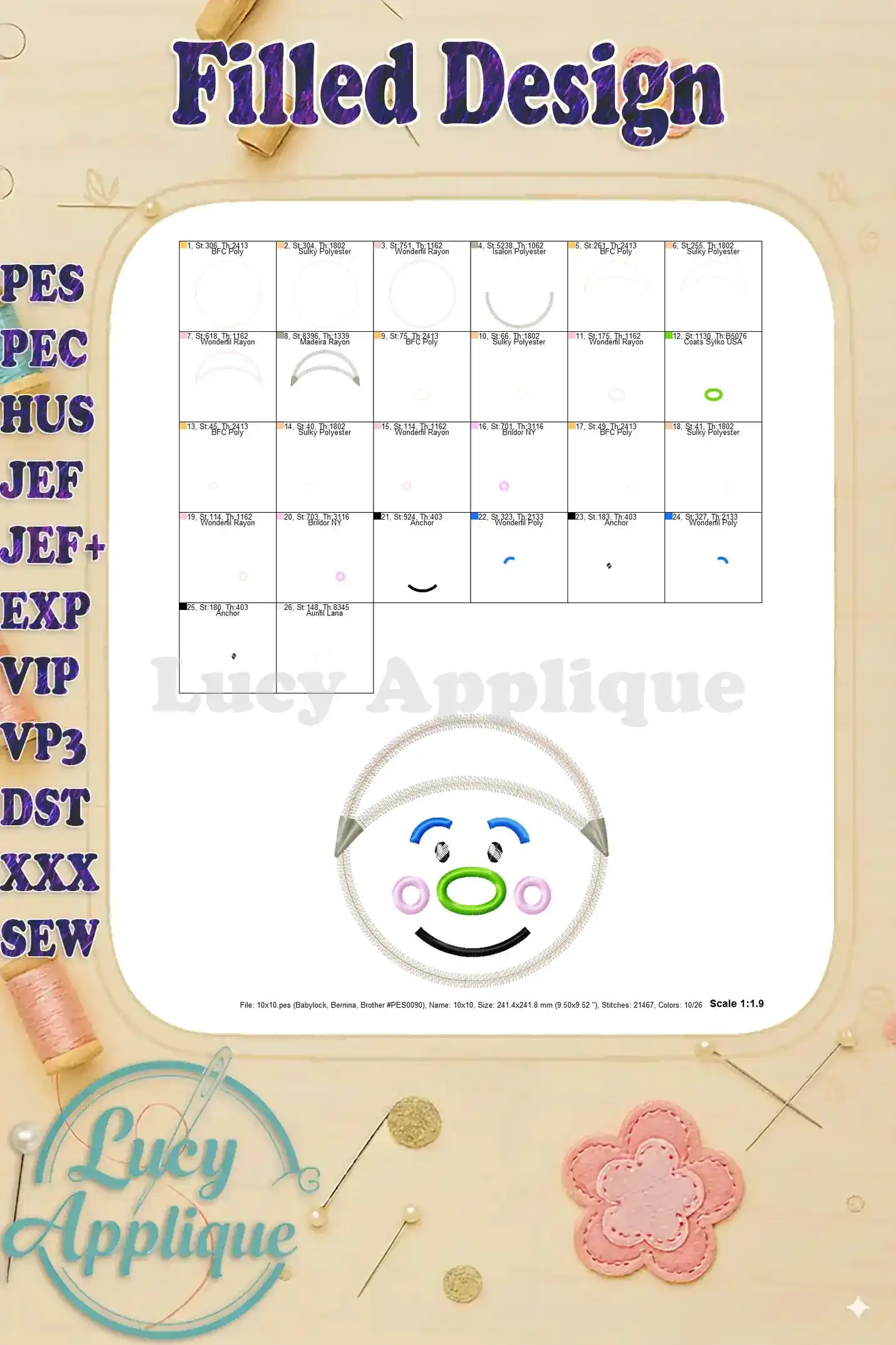 Filled design image showing different color variations for the Guy Diamond Trolls applique, providing options for customization.