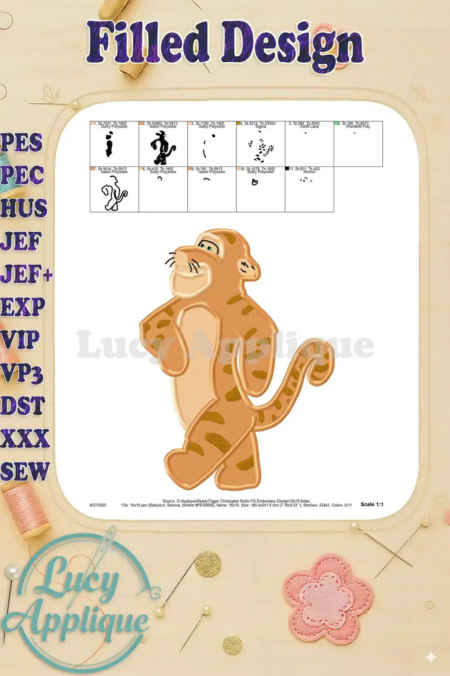 Detailed view of the Tigger embroidery design showing the individual stitch placements. This image is useful for understanding the design's construction.