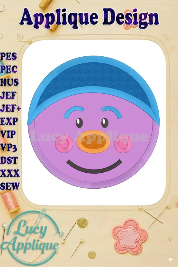 Main image showcasing a charming Creek Trolls applique design, ready to be stitched. The design features a purple troll face with blue hat and orange nose.