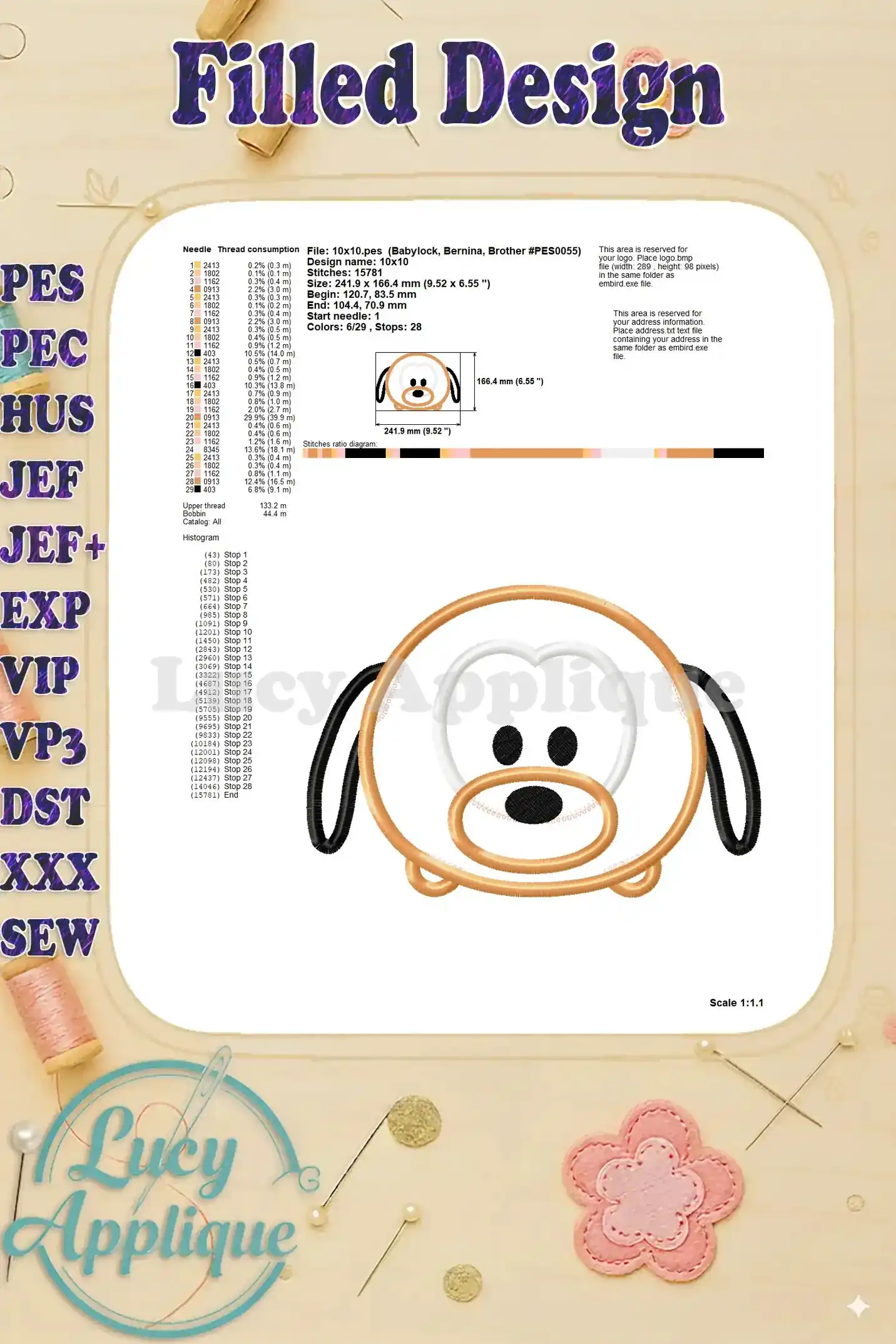 Detailed information on thread consumption, stitch count, and other essential details for the Tsum Tsum Pluto applique embroidery design.
