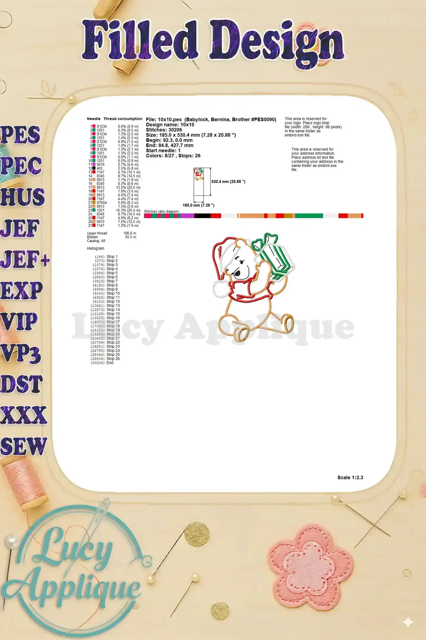 Filled design diagram for Winnie the Pooh Christmas present applique, showing the final stitched result.