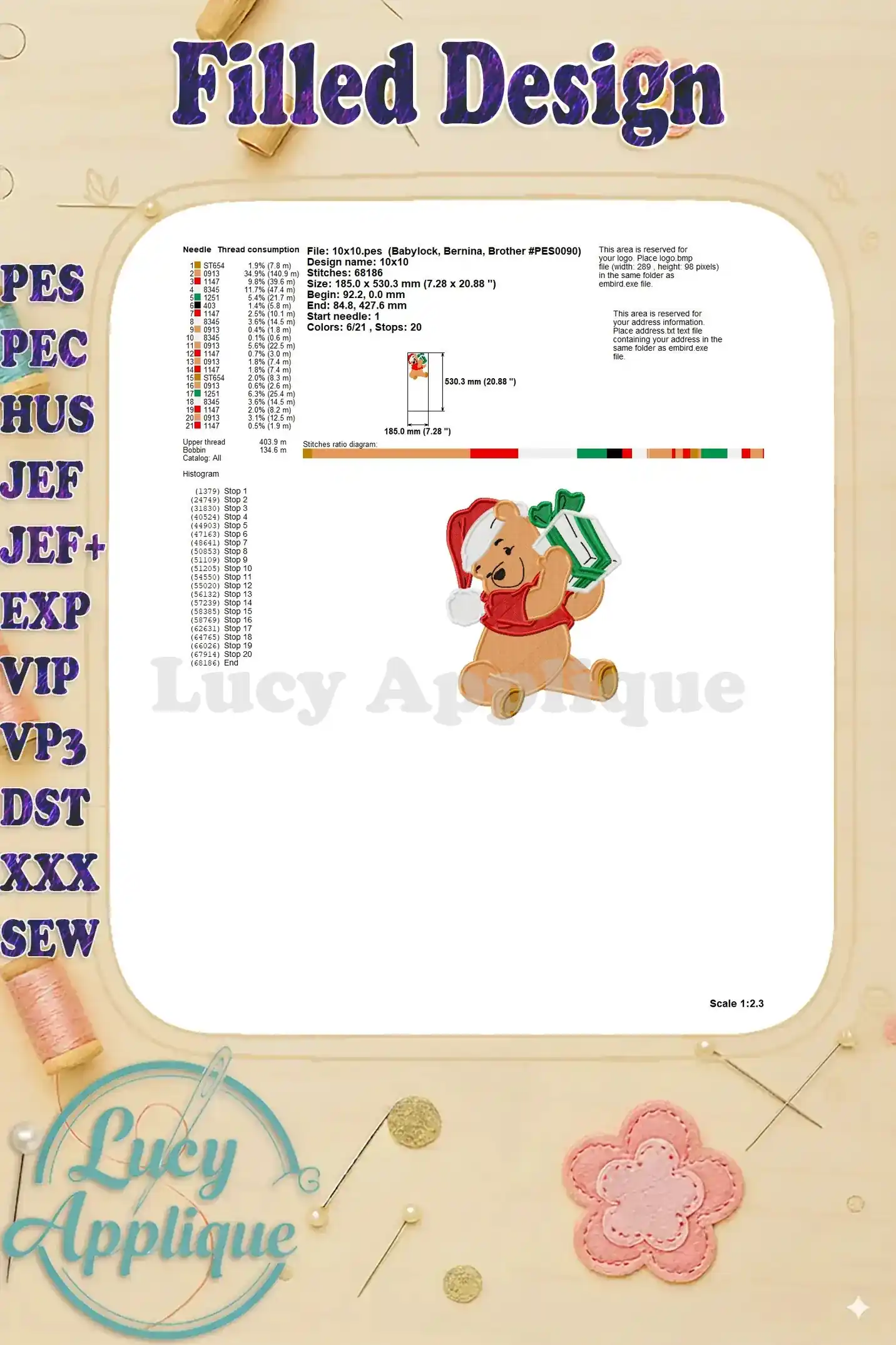 Embroidery design details for Winnie the Pooh Christmas, showing stitch count, fabric size, and other technical specifications.