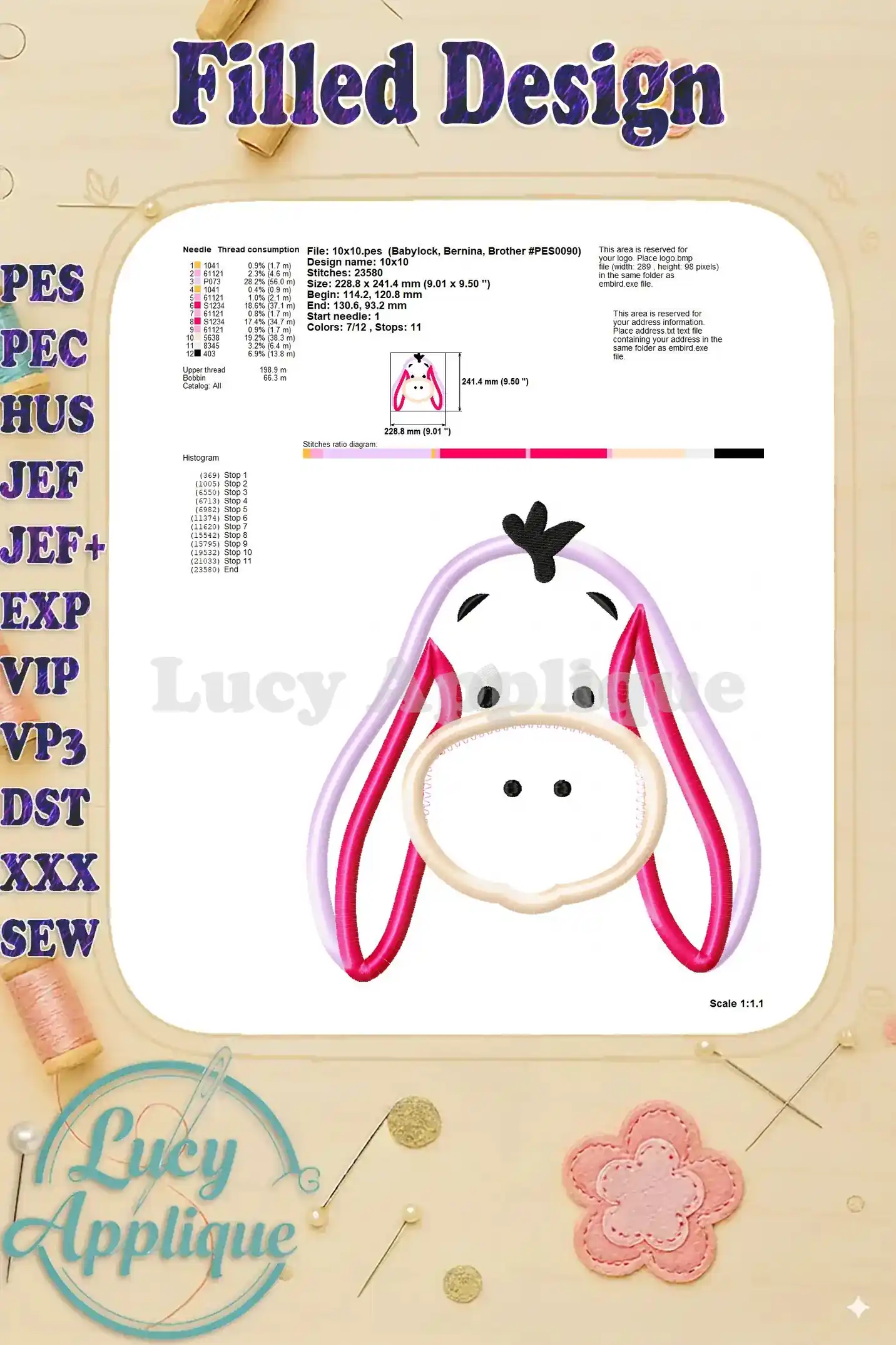 Detailed information on thread consumption, stitch diagram, and other essential details for embroidering the filled Eeyore design.