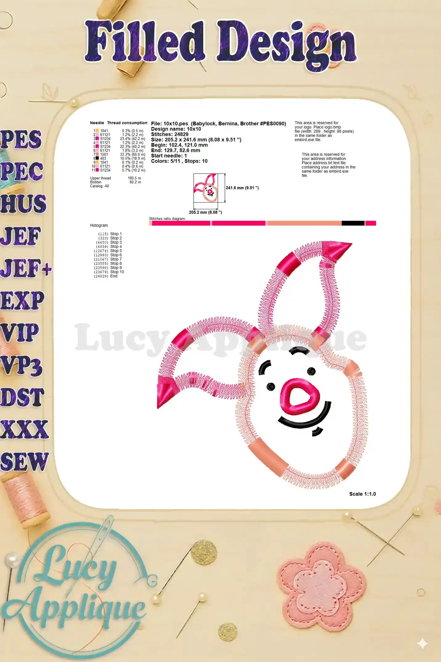 Detailed information about needle, thread, and stitch specifications for the Piglet embroidery design. Includes a scale and relevant area details.