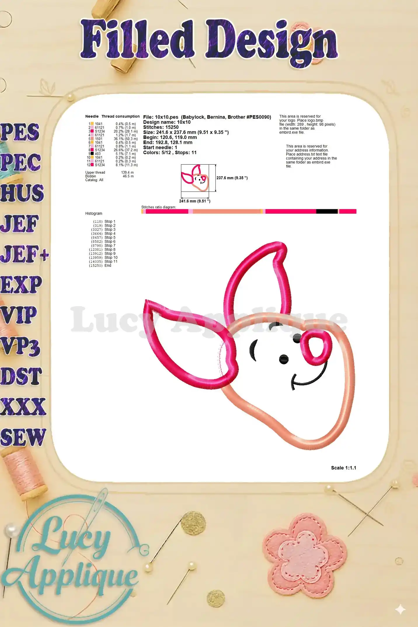 Detailed information about the filled Piglet embroidery design, including thread consumption, design dimensions, and other relevant embroidery machine settings.