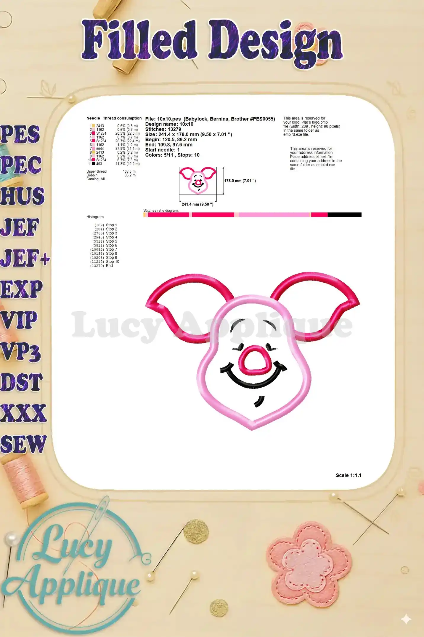 Detailed information for the filled Piglet applique design, including thread consumption and stitch details.