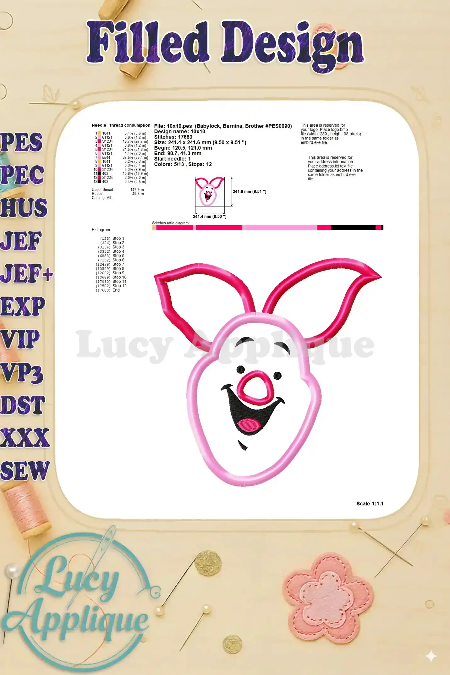 Detailed information on thread consumption, needle size, and stitch count for the Piglet applique embroidery design. A clear histogram is also included.