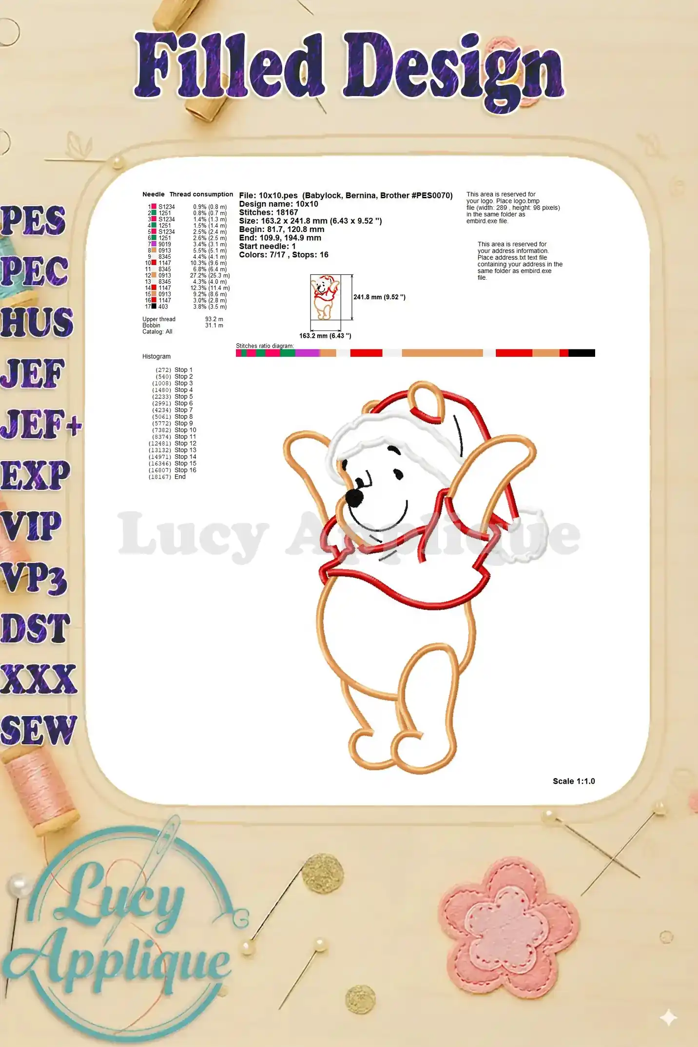 Detailed information on needle, thread, and stitch count for the Winnie the Pooh Santa applique design.