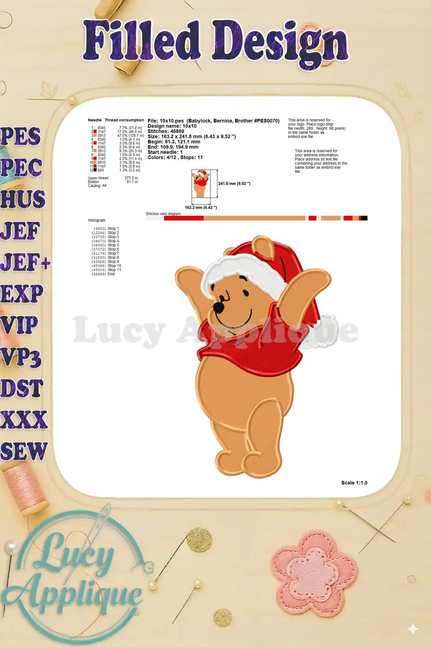 Embroidery design details including thread consumption, stitch count, and dimensions. It also has a visual representation of the design.