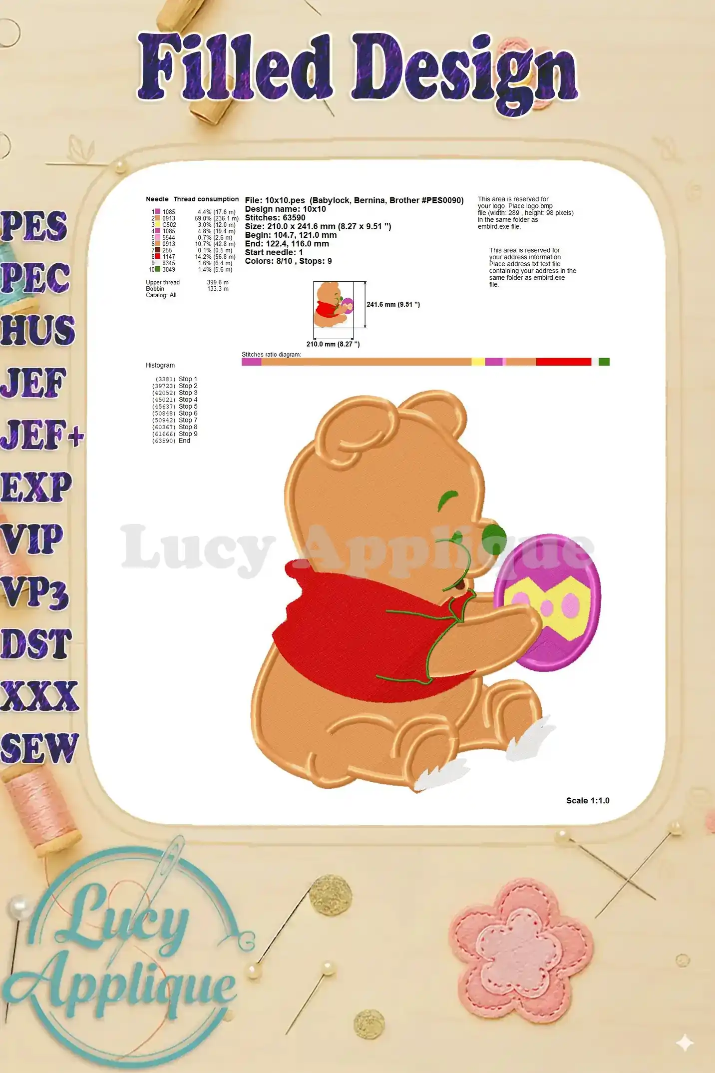 Technical specifications for the Winnie the Pooh embroidery design, including needle, thread, and stitch details.