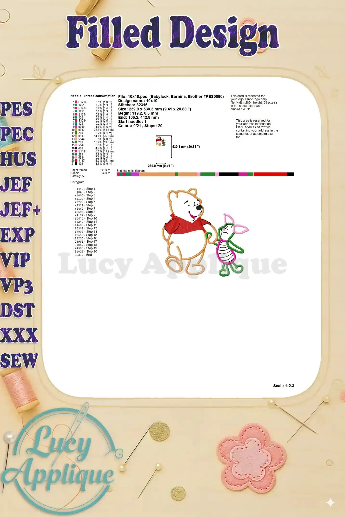 Filled design details for the Winnie the Pooh and Piglet applique. Shows needle, thread consumption, and other essential information.