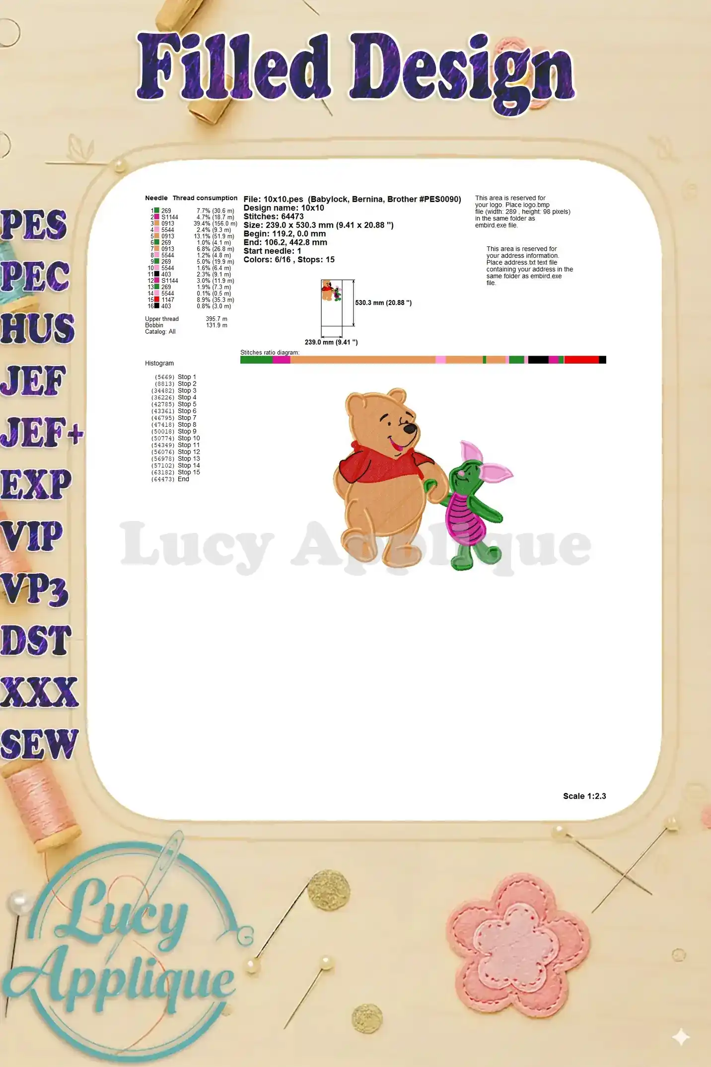 Technical specifications for the Winnie the Pooh and Piglet embroidery design, including stitch count, hoop size, and needle recommendations.