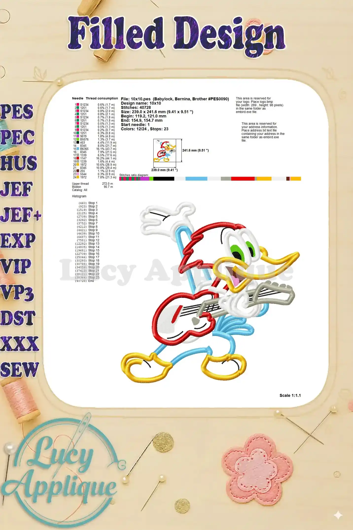 Detailed information about the filled design, including needle consumption, stitch count, and design dimensions for precise embroidery.