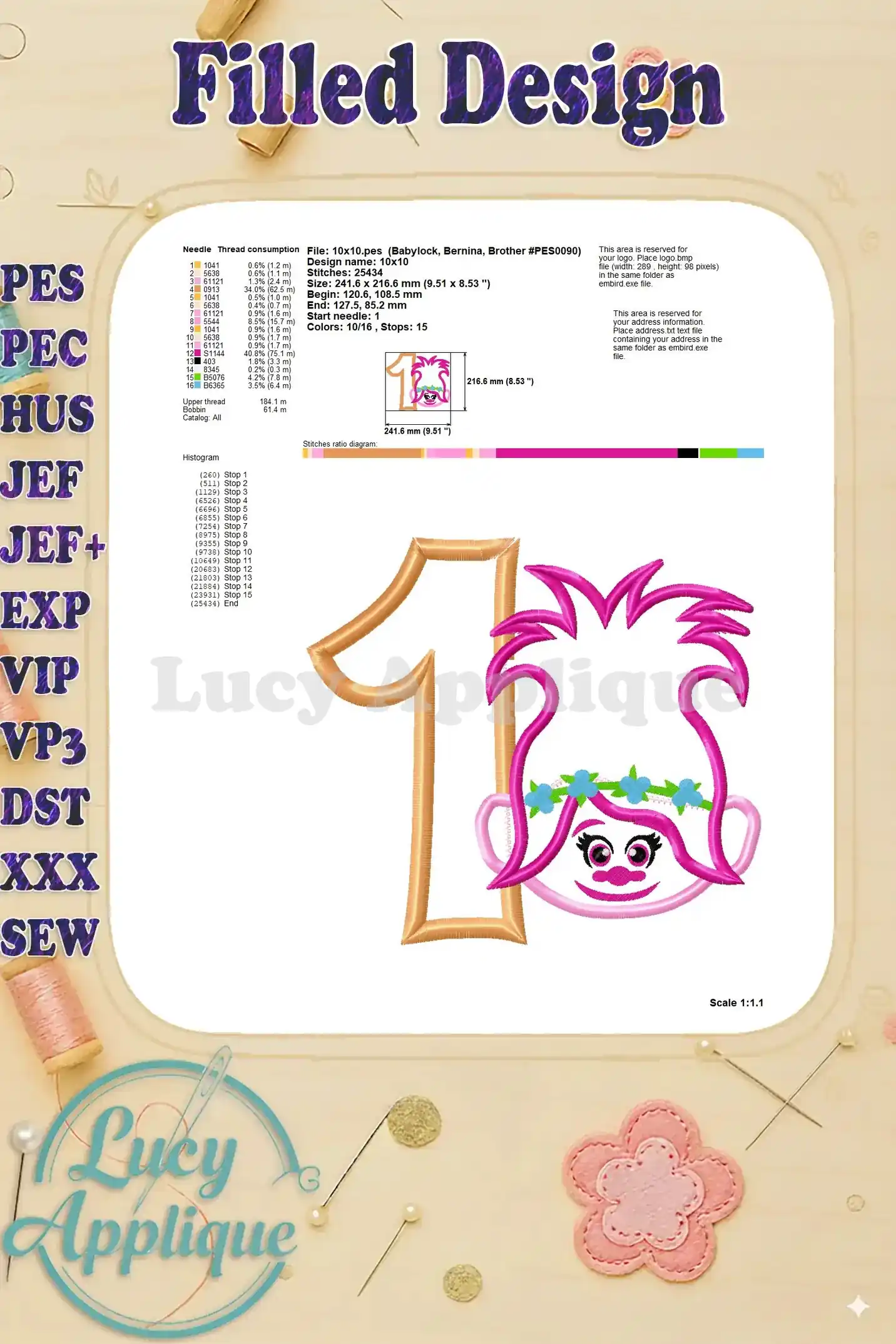 Another view of the filled applique design, with detailed information on needle, thread consumption, and stitch diagram. Perfect for planning your embroidery.
